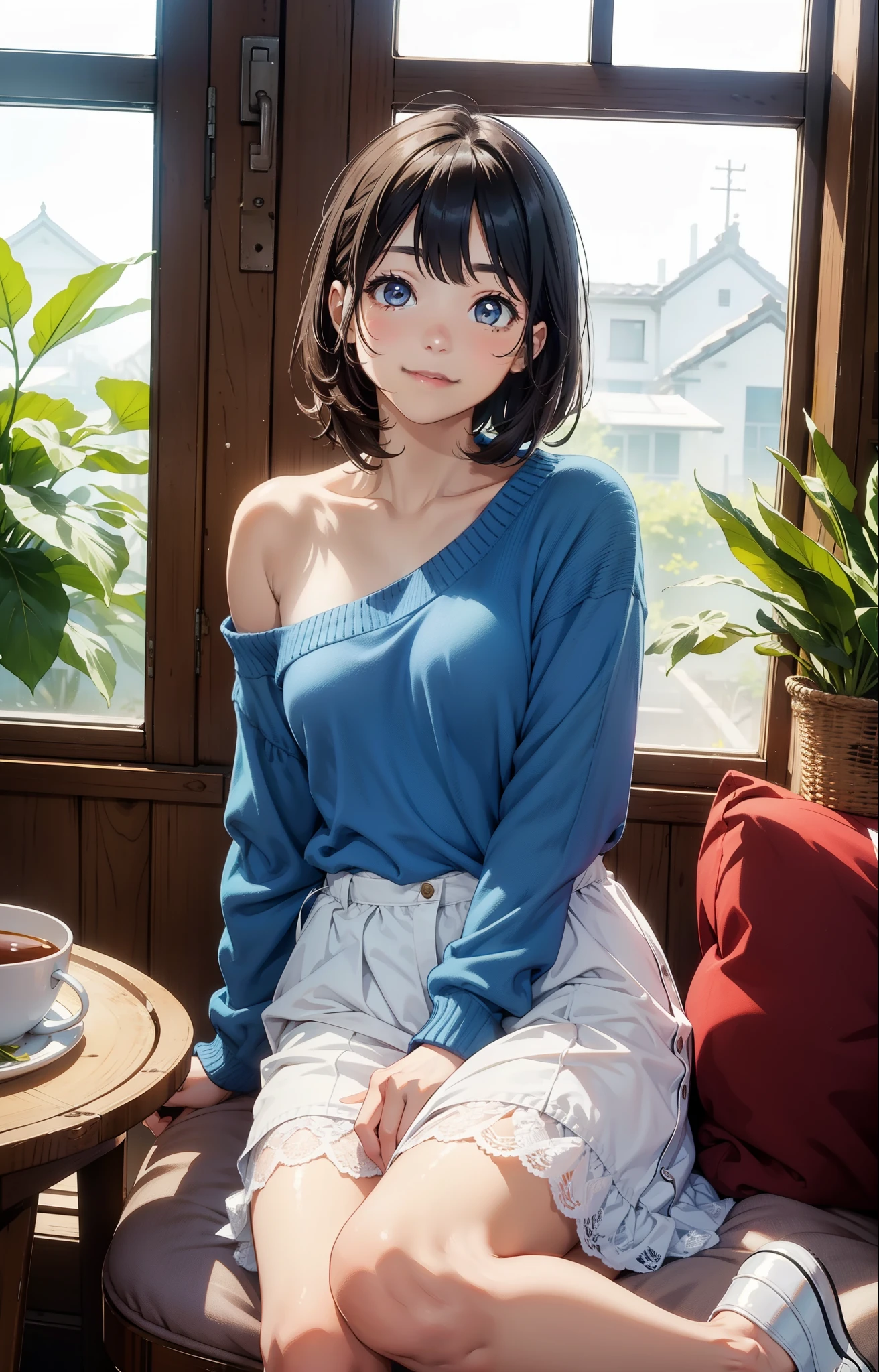 Anime girl sitting on a chair in front of a window - SeaArt AI