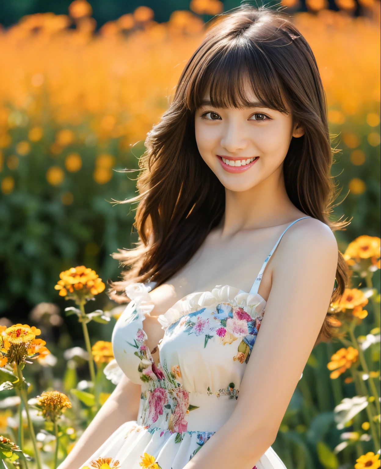 ((Masterpiece)), 8k, highest quality, 1 girl, solo, realistic, photorealistic, super detailed, detailed background, (Solo: 1.4), wearing a dress, happy expression, slender body, details half hair, intricate details, masterpiece, top quality, waist shot, ((flower field background)), smile, ((looking at camera)), asymmetrical bangs, natural breasts,