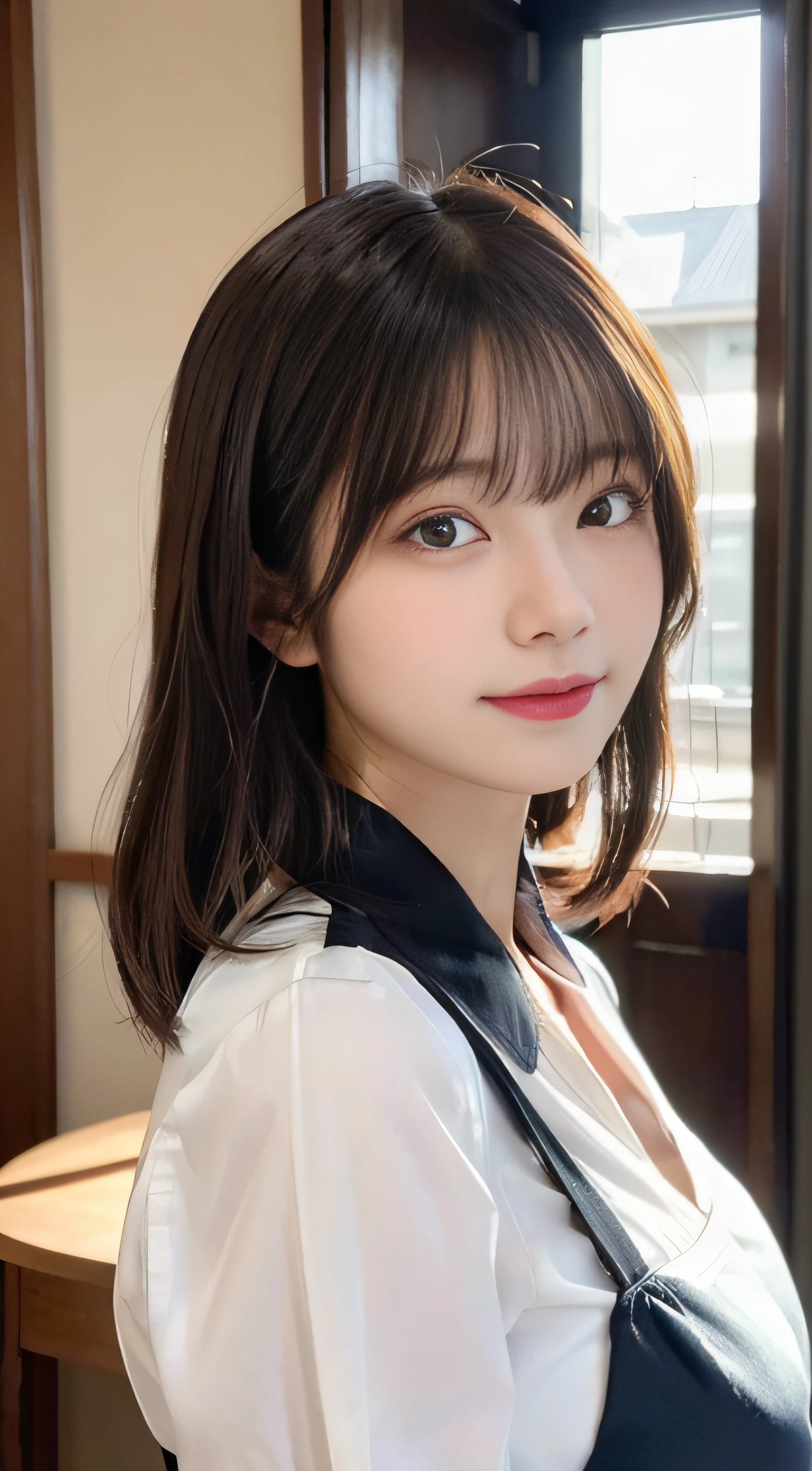 ((highest quality、Masterpiece、High resolution))、(((Zoom photo of upper body)))、(A shy smile:1.2)、One 15-year-old female、Beautiful Skin、Beautiful Eyes、Large Breasts、blazer、shirt、Blonde Hair、Trimmed bangs、Short Bob