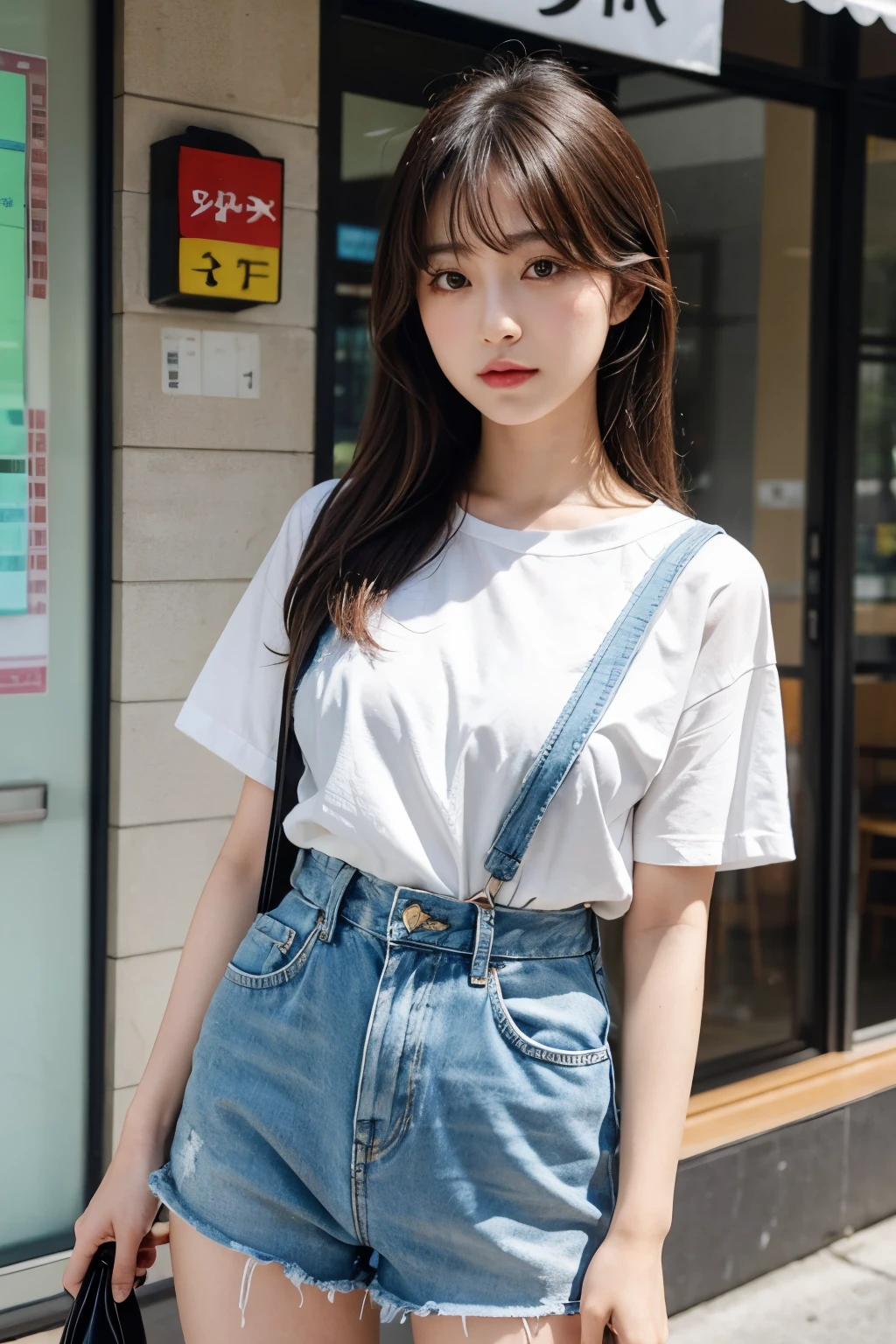 One beautiful girl, brown hair, long hair, hair tied back (ponytail), detailed eyes, large eyes, puffy eyes, fair skin, jeans outfit, red lipstick, sleeveless, clean neck, white skin, Japanese beauty, 20 years old, Airai, Asian beauty,