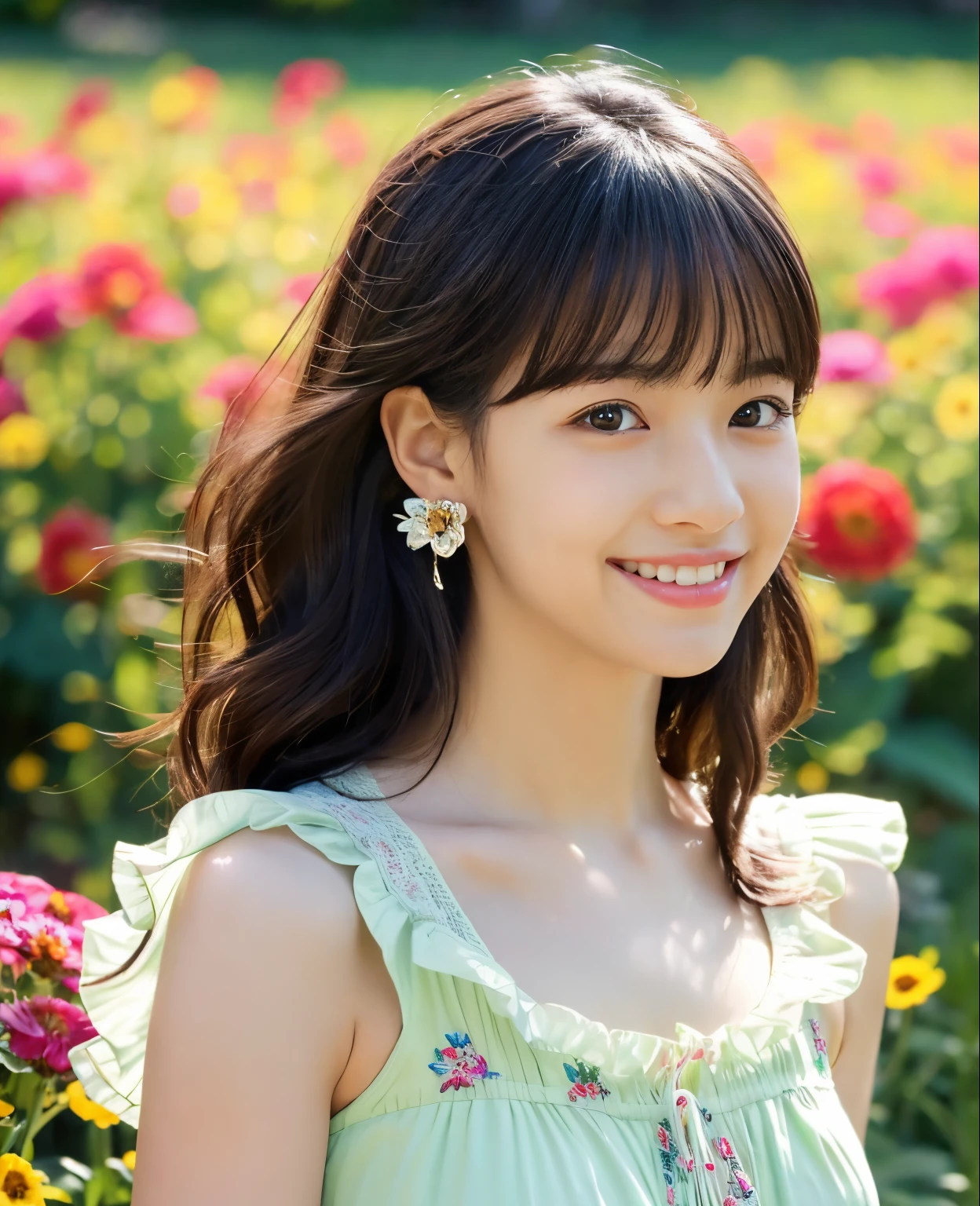 ((Masterpiece)), 8k, Masterpiece, Highest quality, 1 girl, Solo, Real, Garden, Photorealistic, Super detailed, Detailed background, (Solo: 1.4), Wearing a dress, Happy expression, Slender body, realistic highly detailed harf hair, intricate details, masterpiece, highest quality, waist shot, ((colorful flower field background)), smile, ((looking at camera)), earrings, black half-hair, asymmetrical bangs, natural chest,