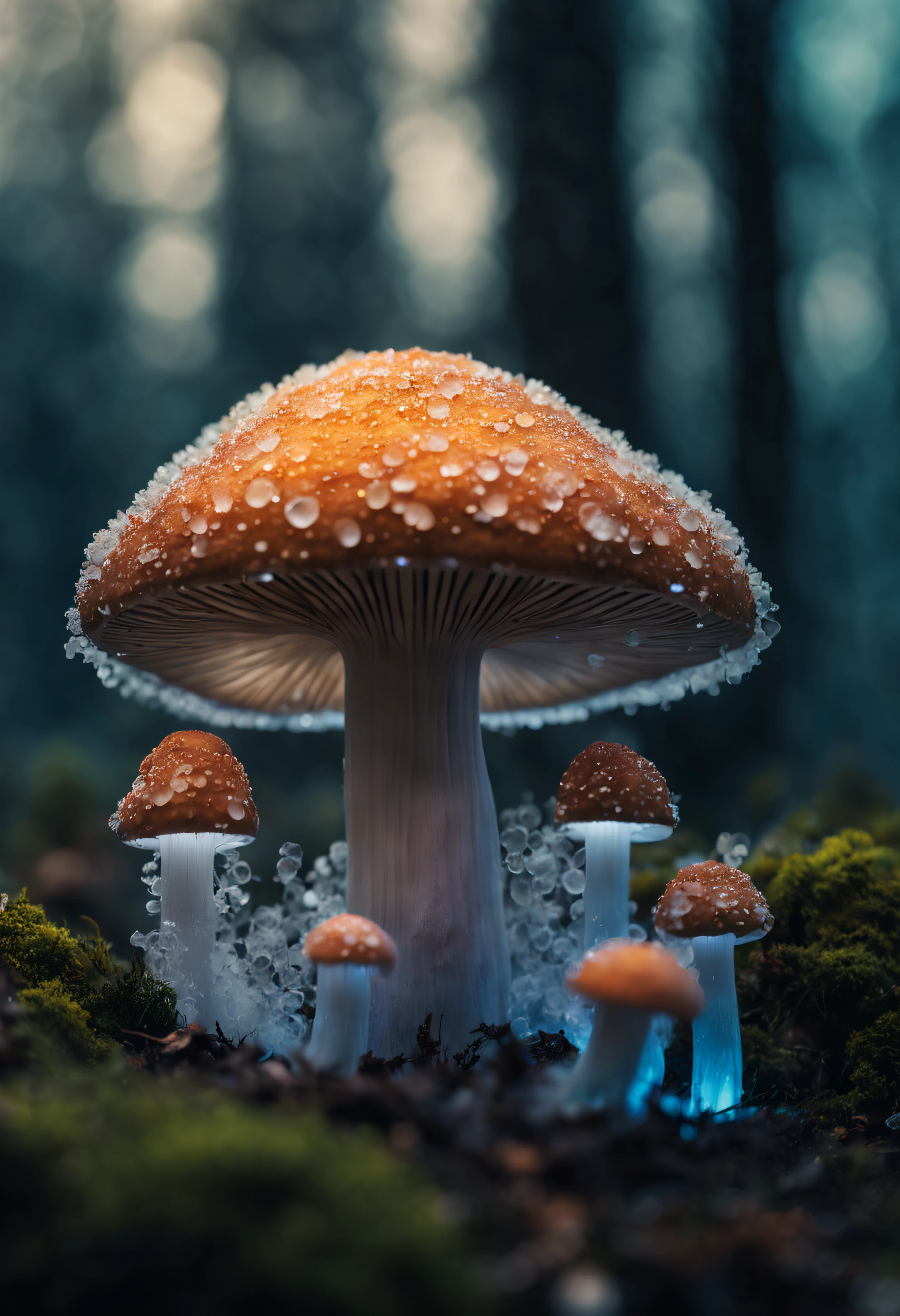The main one mushroom is made from ice crystals、covered with ice crystals、(((Mushroom legs are made of thin, translucent ice crystals)))、Mesmerizing surreal movie stills of Alice in Wonderland,、 magical dreamland bokeh background, A fascinating and eerie fantasy world, Illuminates dark shooting scenes with fantastic light。, Otherworldly elements of a familiar story, ether wonderland, mystic atmosphere, Dark magic and dark fantasy realism aesthetics, translucent bioluminescent material、Otherworldly luminescence、((Born in another world、A strangely shaped poisonous mushroom that emits bewitching smoke..,)) Ultra-realistic, (Voronoi pattern, depth of fields, (swirly bokeh:1.275), (Kodak Portra 400:0.875) :1.15), (Realistic and complex futuristic background,), (Turbulent Toxic Vapor:1.2, Magnificent surrealism, iridescent lighting, low key light:1.1), Notable masterpieces, celestial, Ethereal, epicd, Magical Light Flare, Natural, soft dreamy lighting, ((Warm Yellow and Deep Carbon:0.7), (Cinematic Look:1.15):1.15)、The inside of the mushroom appears to be filled with rainbow-colored smoke.