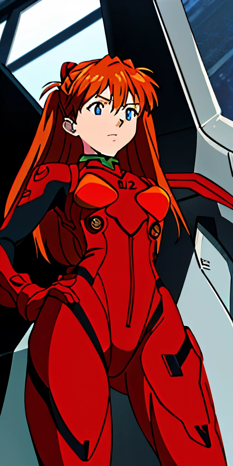 pov(from below), dynamic angle, ultra detailed, illustration, closeup, straight, 1girl, alone ((souryuu asuka langley, interface headset, red suit: 1.4, light reddish orange)),Her eyes shone like dream stars,blue eyes,(bright eyes:1.233),(beautiful and detailed eyes:1.1),(expressionless , mouth closed),(standing), (mechanics room with tools and spaceship window on a white spaceship), (night:1.2), dreamy, [[delicate fingers and hands]], (detail of fingers), medium breasts, medium waist, medium hips, medium thighs