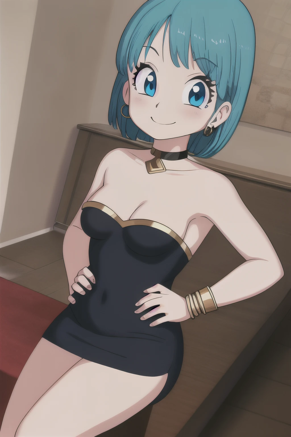 akiratoriyama art style, blue eyes, smile, 1 girl, aqua hair, teenager, medium hair, bob hair, black eyes, medium breasts, little black dress, strapless dress, short bodycon dress, skin-tight dress, choker, gold hoop earrings, gold bracelet, hands on the hips, bedroom, legs crossed, sitting pose.