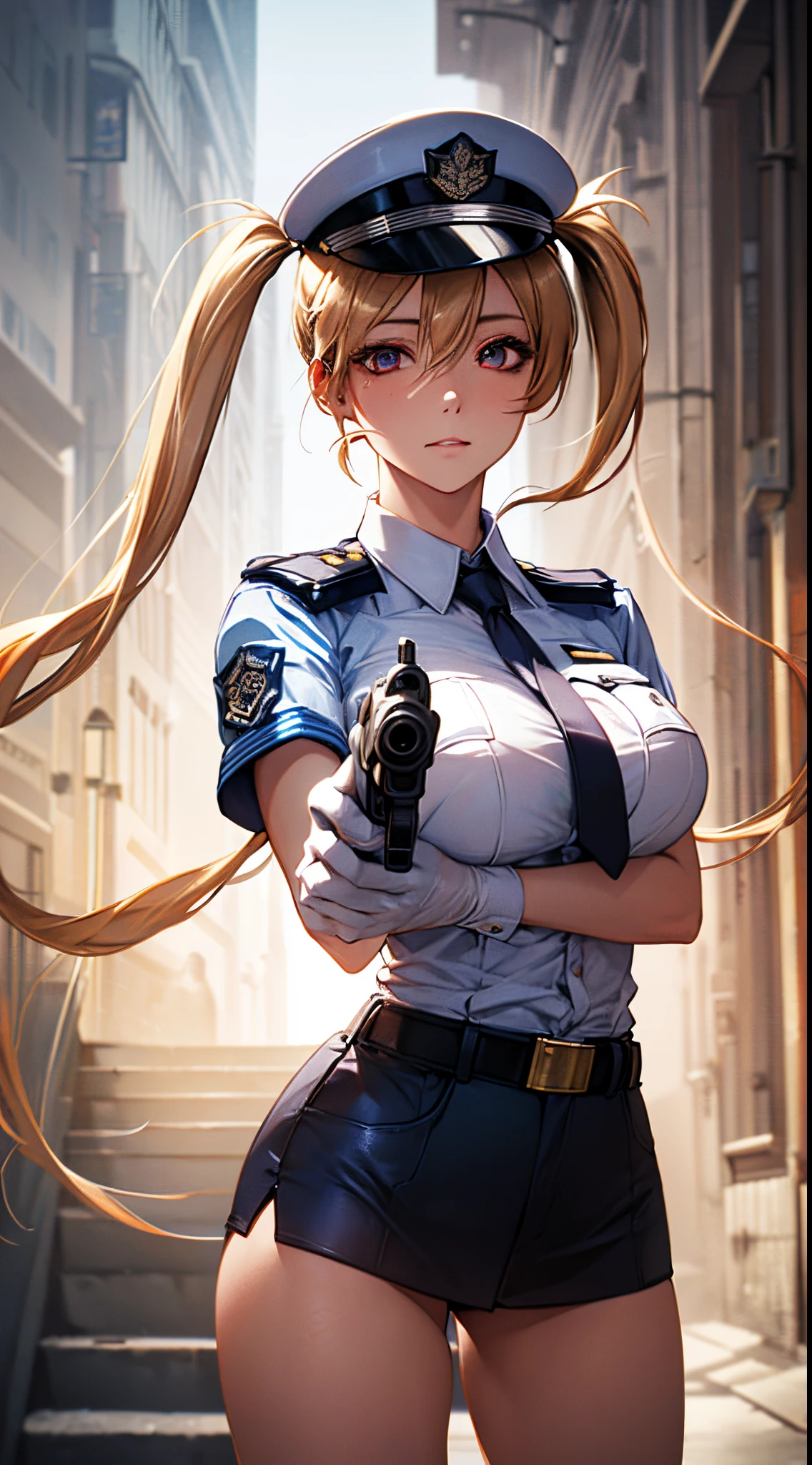 (((perfect anatomy, super detailed skin))), 1 girl, japanese, police girl, shiny skin, large breasts:0.5, looking away, looking up, watching the view, 
beautiful hair, beautiful face, beautiful detailed eyes, (long hair:1.5, twintails:1.7), blond hair, bangs, hair between eye, red eyes, 
beautiful clavicle, beautiful body, beautiful chest, beautiful thighs, beautiful legs, babyface, mole under eye, 
((policewoman uniform, light blue short sleeved shirt, navy necktie, high waisted miniskirt), belt, white gloves, police hat, handcuffs), seductive thighs, 
(((aiming at viewer, holding pistol, handgun))), , 
(beautiful scenery), wasteland, burning city, 
8k, top-quality, masterpiece​:1.2, extremely detailed), (realistic, photorealistic:1.2), beautiful illustration, cinematic lighting,