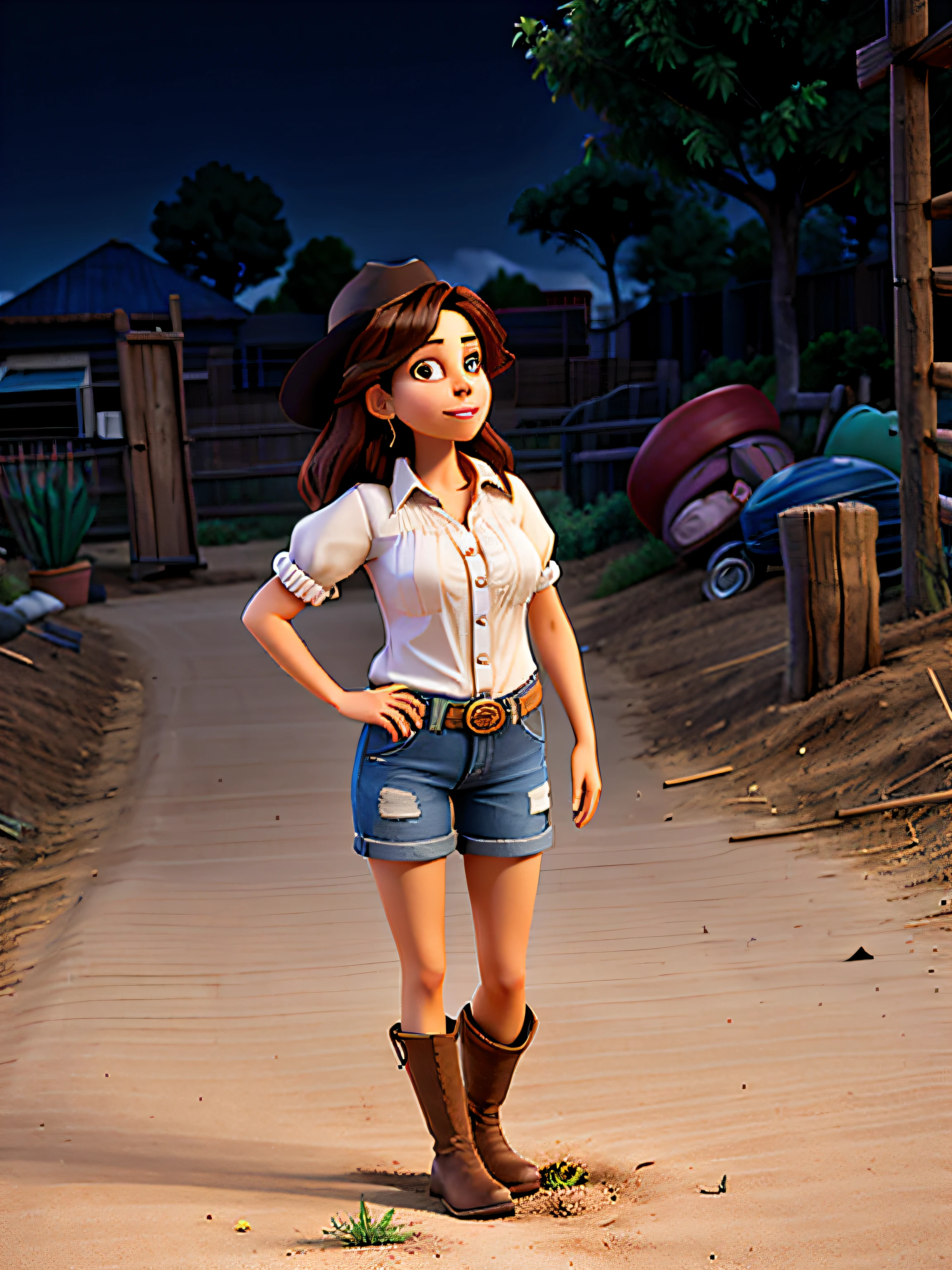 there is a woman standing in the dirt with her legs crossed, cowgirl, at night time, lorena avarez, casual pose, beautiful mexican woman, alanis guillen, wearing a camisole and boots, very very low quality picture, mexican, she is mexican, nigth, 🤠 using a 🖥, western cowgirl, full body picture