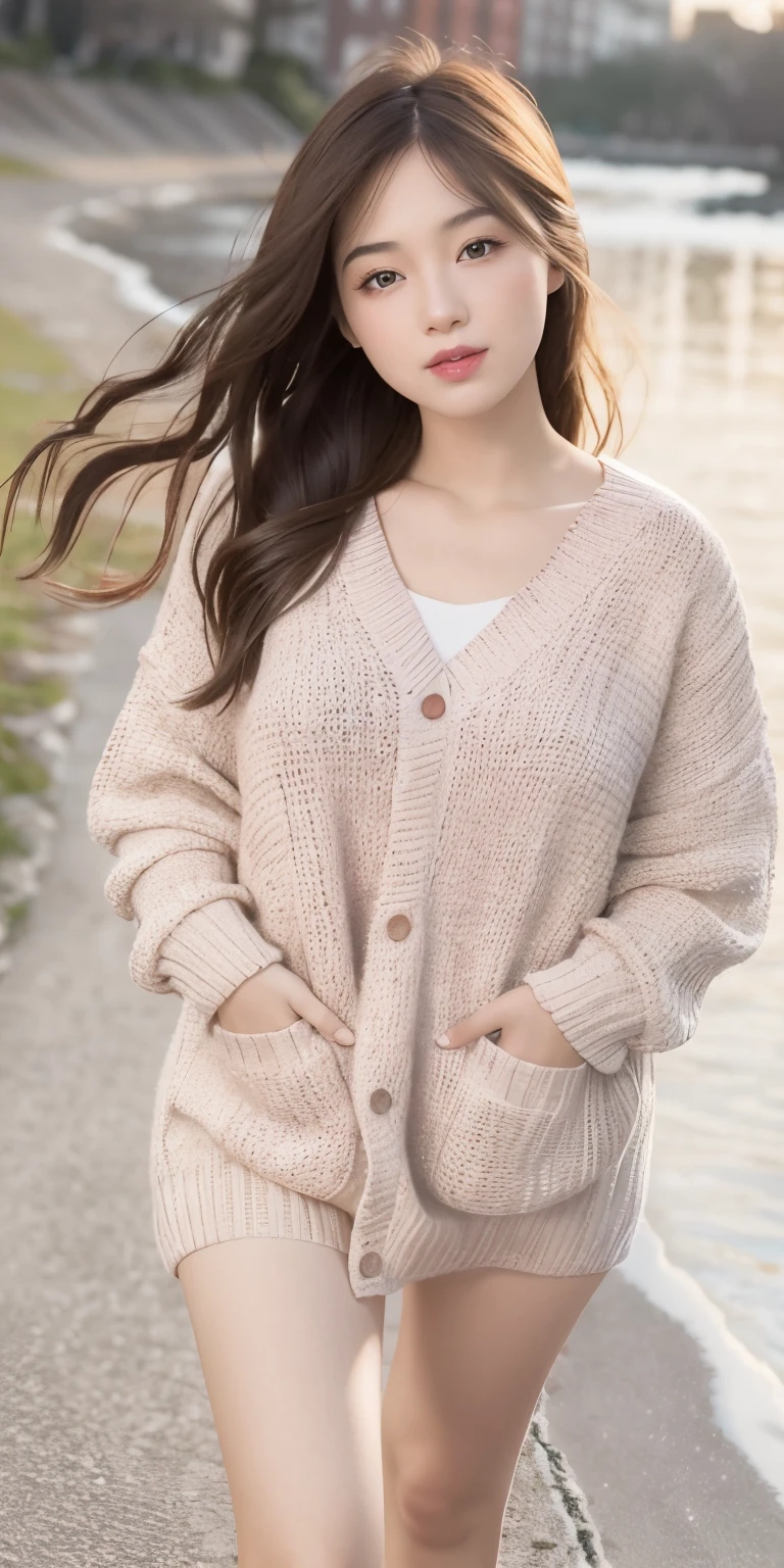 1girl walking on the river, mix4, sweater, pillow, lips, open_mouth, realistic, photo_\(medium\), solo, stuffed_animal, stuffed_toy, teddy_bear, (masterpiece), (realism: 1.3), super detailed, (High detail skin: 1.2), (Best quality: 1.0), (Ultra resolution: 1.0), (ULZZANG-6500: 0.3), wavy detail hair, long hair, sunshine, (beautiful detail makeup), (sexually aroused blush, heavy breath: 1.0), floral theme petals scattered, (soft light bloom: 0.5)