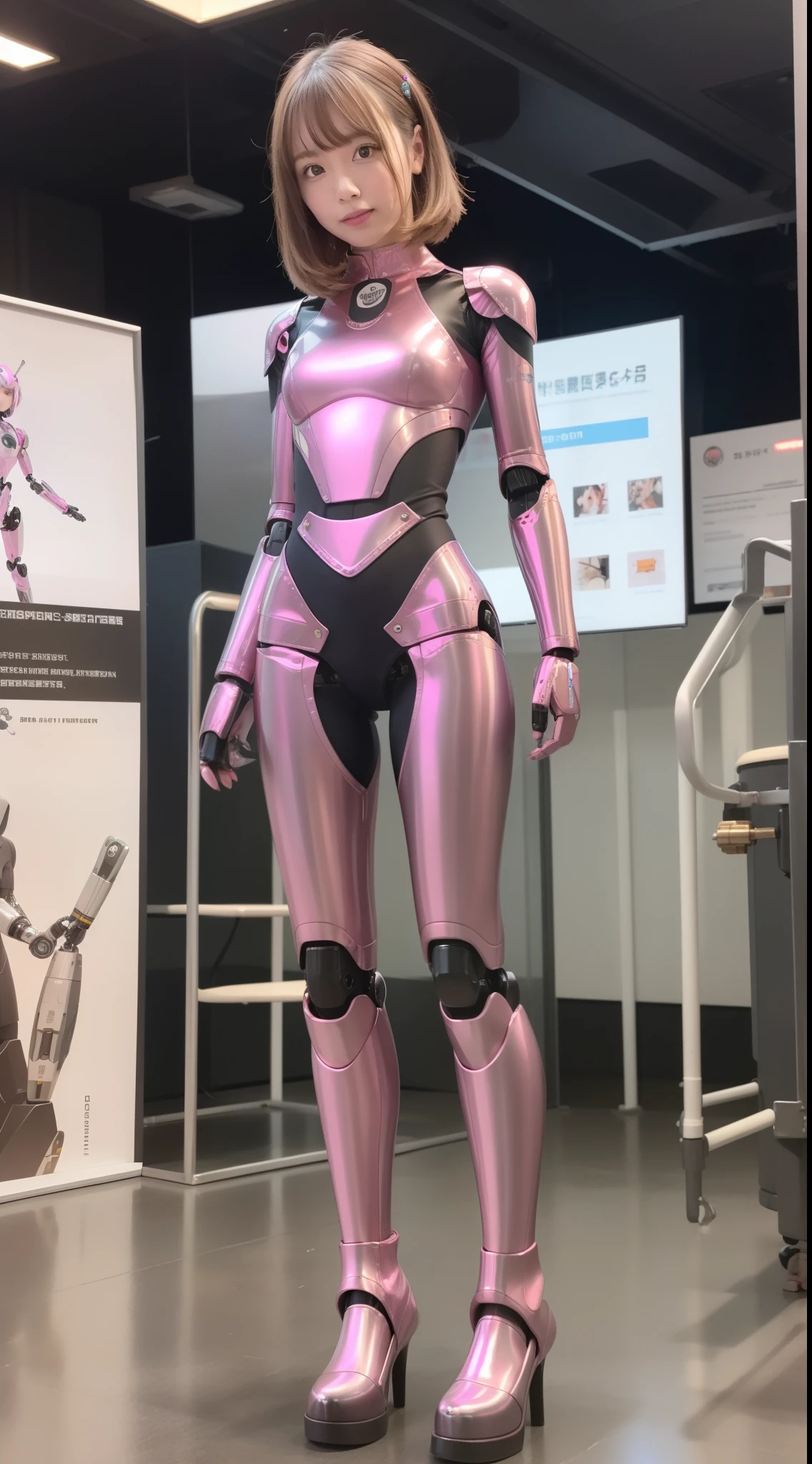 Robot Girl, pink there, Silver, Metallic body, Robot Parts, Metal Parts, Super Detailed Face, Super well-formed face, of the highest quality, a small face, a small head, Brown hair, Slender body, Camera gaze, Internal Mechanical Exposure, Idol, front facing, Well-proportioned body, sale, Exhibited, Event Hall, Moe Pose, pink metallic job interview suit machine armor, Standing with legs open, Model body type, sad, Embarrassing,(Perfect Robot Girl),(Perfect machine body)