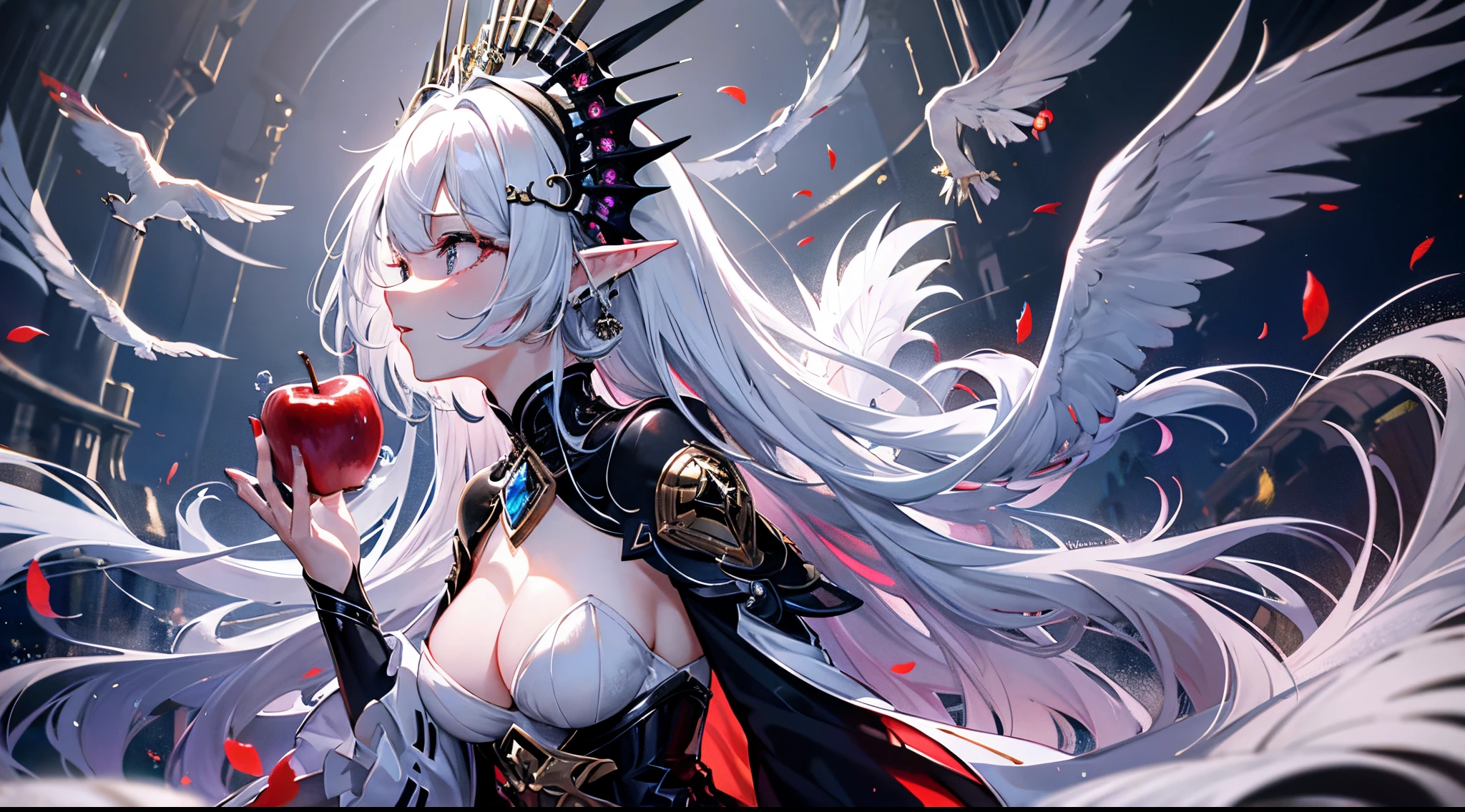 (tmasterpiece:1.4, Best quality at best))+, (hyper-detailing)+, (Ultra-detailed eyes)+, (winged ears:1.5), (Cute girls), ar old, pale-skinned, Star Crystal, red bird feathers, Empty eyes, Blood-red lips (She wore conservative black ceremonial clothing, red pattern, :1.5), (gray cloak:1.4), The sleeves are extra-long, Red bird feather headdress, Flame hair, baiyun, Autumn leaves, vine, Dream bubbles, black fingernails, green leafy corolla, red apple, Purple grapes, Turn your back to everyone, Metal anklet (bird feathers:1.1), (dawn light:1.2), (Thick black and white:1.16), (depth of fields:1.4), Complicated details, color mixing, Detailed route, Excellent, super detailing, The content is very detailed, (hight contrast:1.11), ventania, Amazing cleavage, beautidful eyes, messy hair, (best illuminate, Extremely Delicately Beautiful), ((movie light lighting)), (seen from the side:1.3), tmasterpiece, cinematic Film still from, 1 plump girl, (Close-up cleavage:1.1), bright, cheerfulness, Interesting, gentlesoftlighting, offcial art, Unity 8k壁纸, ultra - detailed, Beautiful and beautiful, tmasterpiece, (dynamic angle:1.4), romantic depth of field exotic_dance, Perfect NwsjMajic, (tmasterpiece, offcial art, Beauty and aesthetics:1.2), The content is very detailed, rich colourful, highest details, Colored inner hair, long and pointed ears, diamond-shaped pupils, boring, 耳Nipple Ring, Sick, motionblur, seen from the side, A high resolution, Best quality, Striped hair, silber hair, Asymmetrical hair, Student does not match, yellow-eyed, from the above, Best quality at best, Best quality at best, Best quality at best, 16k, A high resolution