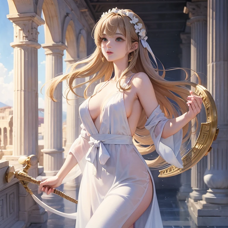 (top-quality、hight resolution、masterpiece)、((Watercolor in Sargent style))、(David Hamilton Style)、(softfocus)、ancient greek scene 、The world of Bilitis songs、(greek female bard)、20yr old、美丽的面容、Well-formed eyes and nose、Bewitching smile、Detailed depiction of the face、Classic hairstyles、dramatic pose、Beautiful figure、detail portrayal、(ancient greek clothes)、(White tunic)、greek toga、(play the harp and sing)、Accurate depiction of the Greek lyre、Cinematic scenes、ciinematic light、softlight、raytrace、luminous sky、greek architecture columns、greek pine、(nostalgia)、classic vibes、Blur the background、