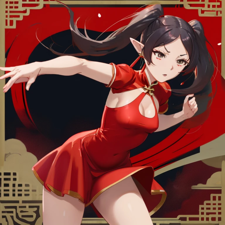 Frieren, twintails, earrings, thighs, chinese red dress, short dress, small tits, fighting pose
