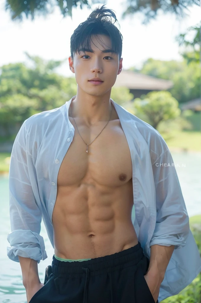 Japanese male athlete, Perfect body, muscular, big muscular, pale skin, handsome, Good facial details, , Hot spring bath, sharp photo, looking at the camera, studio light, generation, sexy and cute, sexy pose, portraits, Japanese Onsen