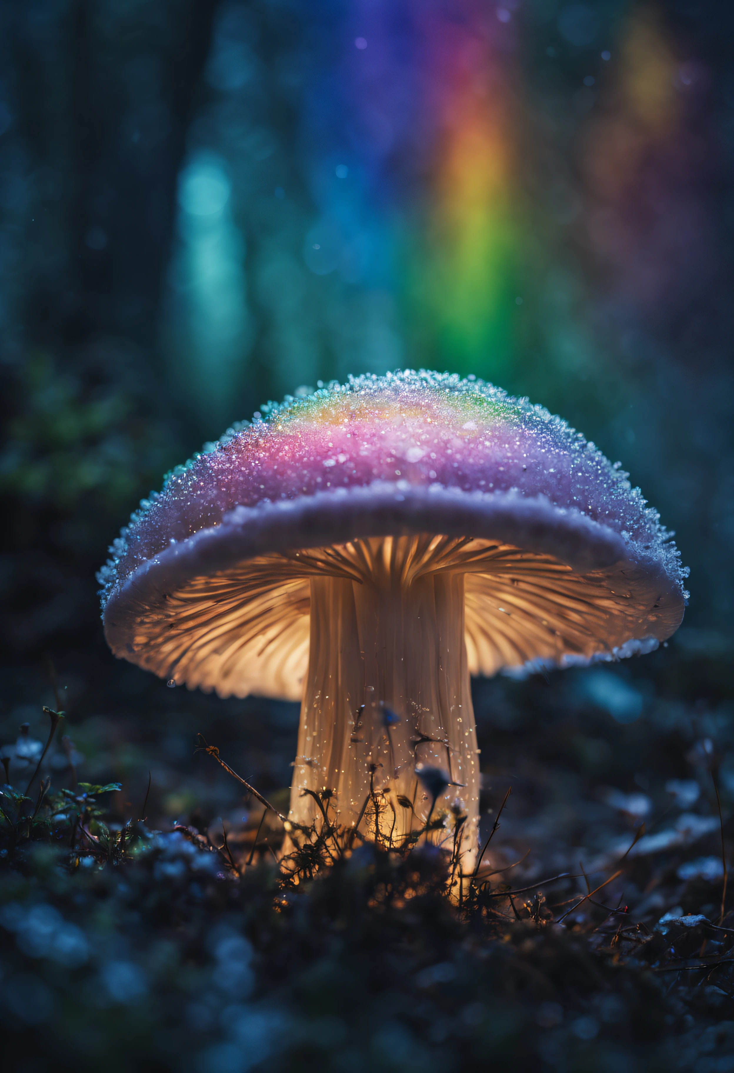 The main one mushroom is made from ice crystals、covered with ice crystals、(((Mushroom legs are made of thin, transparent ice crystals.、The inside of the mushroom appears to be filled with rainbow-colored smoke.)))、Mesmerizing surreal movie stills of Alice in Wonderland,、 magical dreamland bokeh background, A fascinating and eerie fantasy world, Illuminates dark shooting scenes with fantastic light。, Otherworldly elements of a familiar story, ether wonderland, mystic atmosphere, Dark magic and dark fantasy realism aesthetics, translucent bioluminescent material、Otherworldly luminescence、((Born in another world、A strangely shaped poisonous mushroom that emits bewitching smoke..,)) Ultra-realistic, (Voronoi pattern, depth of fields, (swirly bokeh:1.275), (Kodak Portra 400:0.875) :1.15), (Realistic and complex futuristic background,), (Turbulent Toxic Vapor:1.2, Magnificent surrealism, iridescent lighting, low key light:1.1), Notable masterpieces, celestial, Ethereal, epicd, Magical Light Flare, Natural, soft dreamy lighting, ((Warm Yellow and Deep Carbon:0.7), (Cinematic Look:1.15):1.15)、The inside of the mushroom appears to be filled with rainbow-colored smoke.
