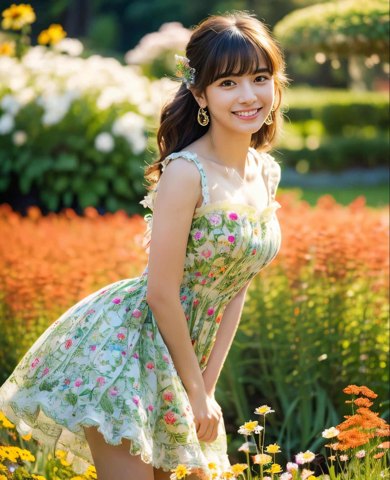 ((Masterpiece)), 8k, Highest quality, 1 girl, Solo, Real, Garden, Photorealistic, Super detailed, Detailed background, (Solo: 1.4), Wearing a dress, Happy expression, Slender body, realistic highly detailed harf hair, intricate details, masterpiece, highest quality, waist shot, ((flower field background)), smile, ((looking at camera)), earrings, asymmetrical bangs, natural chest,