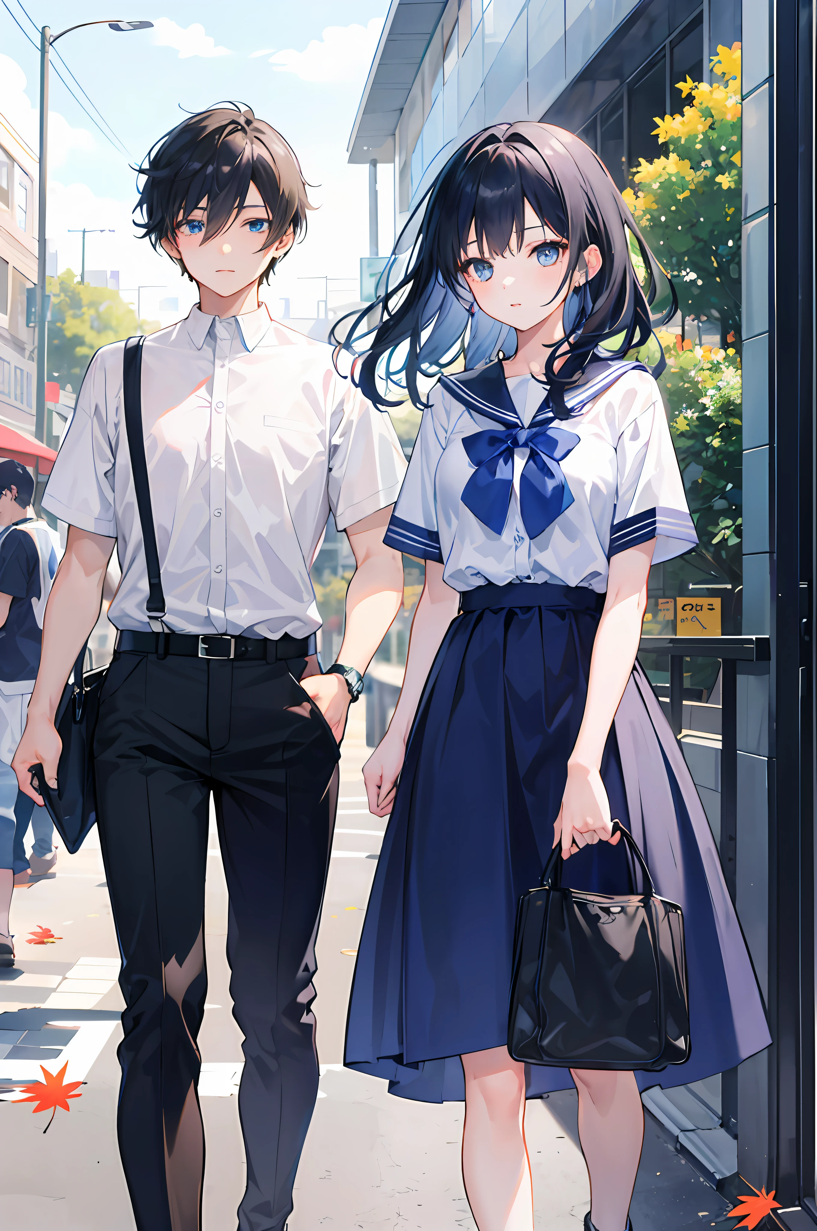 (1 girl: 1.5), (1 boy: 1.5), (two people: 1.5), // anime boy in black short sleeves, // anime girl in uniform, blue eyes and handbag, beautiful anime high school girl, black hair, street, (maple: 1.1), campus