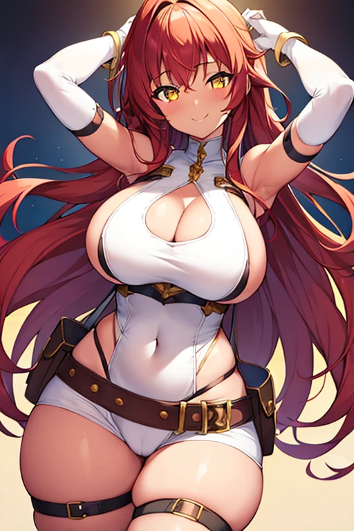 1girl, large breasts, thick thighs, wide hips, smile, dark body, dark skin, yellow eyes, (red hair), red hair, long hair, belt, thigh strap, strap, arm strap, white bodysuit, cleavage cutout, cutout, hip vent, underboob cutout, cutout below navel, white clothes, white gloves