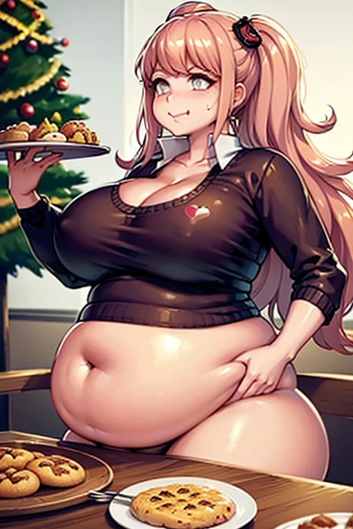 fat, large belly, standing, fat belly, very fat, large stomach, chubby, Junko Enoshima, very fat, safe for work, obese, giant belly, fat, huge, heavy, very fat, safe for work, fat, large belly, standing, grabbing belly, very fat, large stomach, chubby (best quality, masterpiece), Christmas, wearing sweater, eating, sitting down, table full of food, cookies, eating cookies, very fat, Christmas season, Christmas time, Christmas season, holidays, Christmas sweater