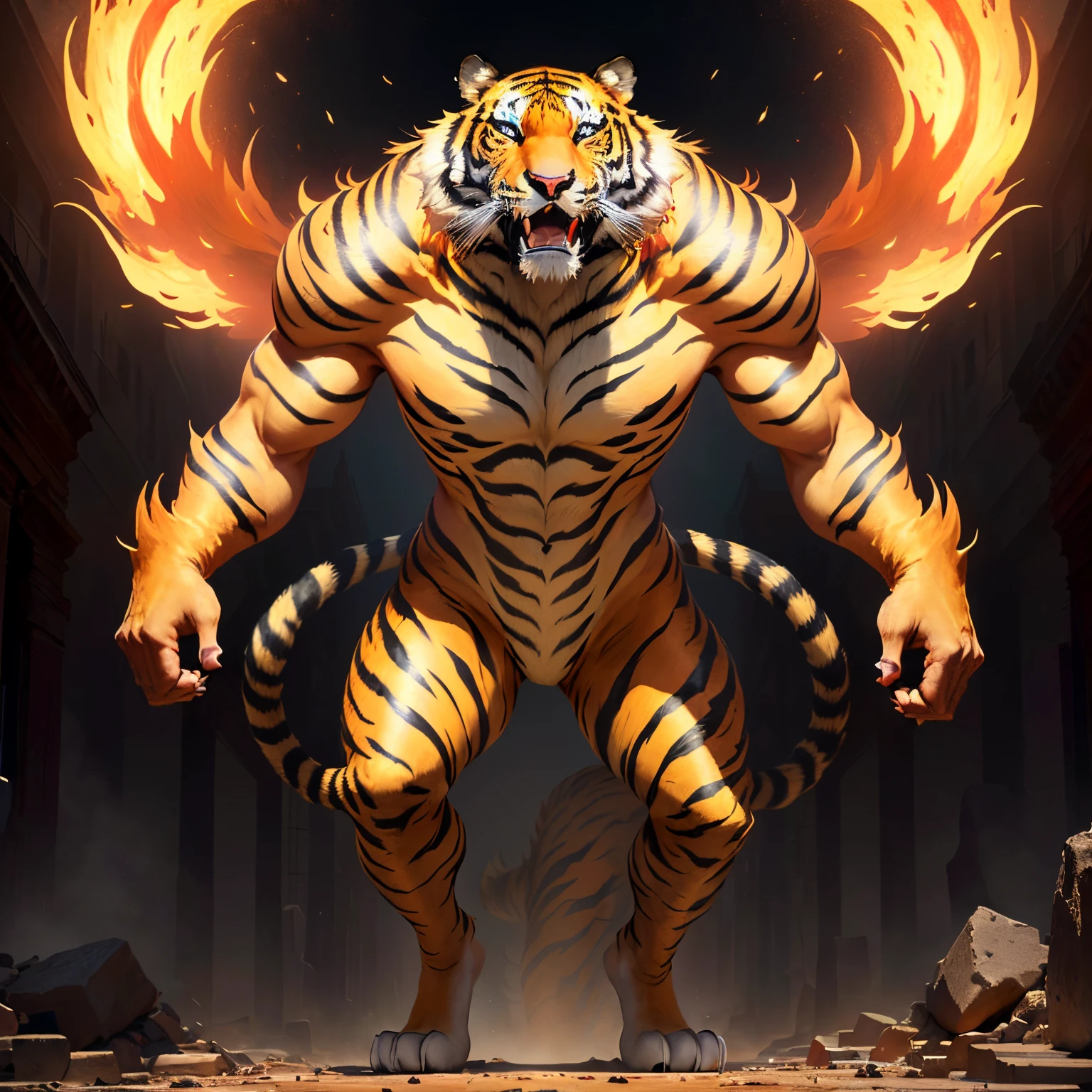 An albino tiger crimson red eyes two tails his left ear has a golden earring his left eye has a scar he will be roaring his left fang will be made of gold his claws will be showing, The image has to show the tiger's entire body, it is a quadruped, the background of the image would be an ancient Greek city destroyed, realistic anime