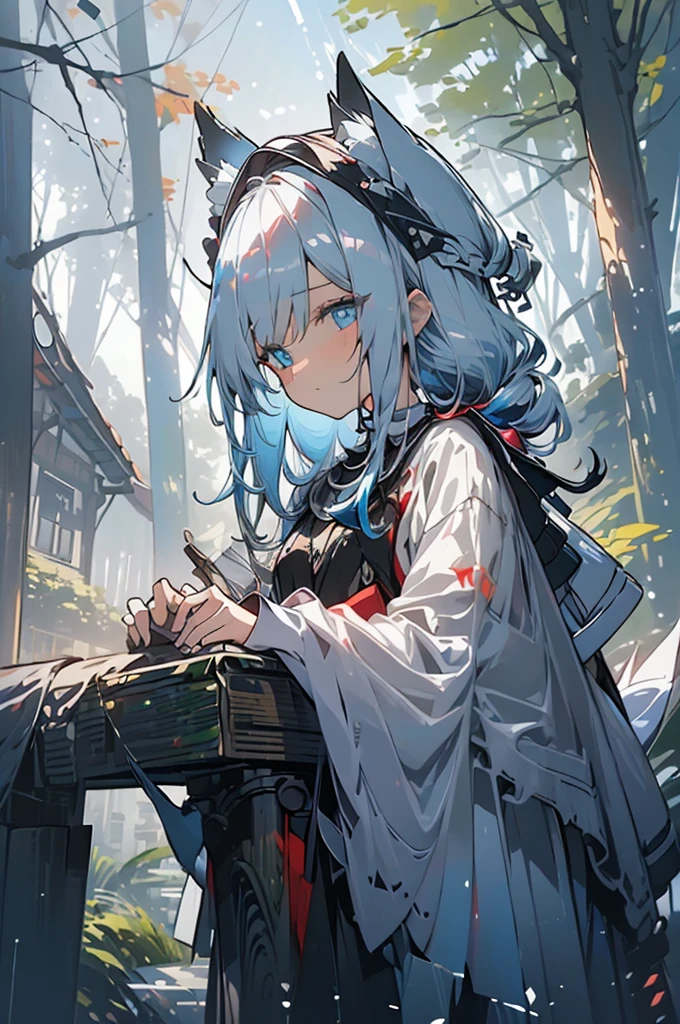 ((Masterpiece, Best Quality:1.4))extremely high quality, dreaming, 8K, Detailed Eyes, detailed hair, white medieval clothes, girl 7 years white and blue hair and shiny, detailed green and blue eyes, I'm curious about holding a transparent umbrella and watching small forest creatures pass by.., Magic bright forest background, It's raining a little bit, without looking at the viewer