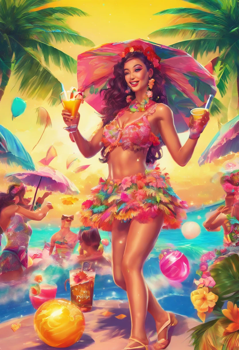 (best quality,4k,8k,highres,masterpiece:1.2),ultra-detailed,(realistic,photorealistic,photo-realistic:1.37), hawaiian robot party with cute beautiful girls and cute robots, hawaii, vibrant colors, tropical style, beach vibes, energetic atmosphere, lush greenery, sparkling ocean, party decorations, joyful celebration, dancing and laughter, beach bonfire, colorful drinks with umbrellas, fireworks in the sky, ukulele music, traditional hula dance performance, flower leis, grass skirts, coconut bras, Hawaiian shirts, cheerful girls wearing floral dresses, stylish beachwear, flower crowns, twinkle lights, cheerful robot companions, robot DJs, dance floor filled with happy people, hula hoops, beach volleyball, coconut cocktails, palm trees swaying in the breeze, Hawaiian delicacies, smiling faces, golden sunset, festive atmosphere, fun-filled memories.