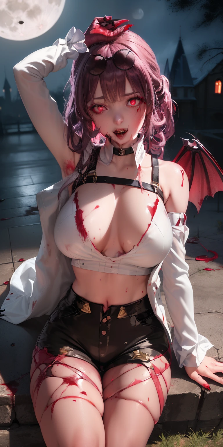 realistic, 1girl, (vampire girl:1.4), white hair, (red eyes), glowing eyes, slit pupils, (blood, blood splatter), crop top, cleavage, short shorts, collarbone, parted lips, fangs, makeup, blush, night, reflection, full moon, moonlight, rose, castle, shadow, darkness, bat \(animal\),