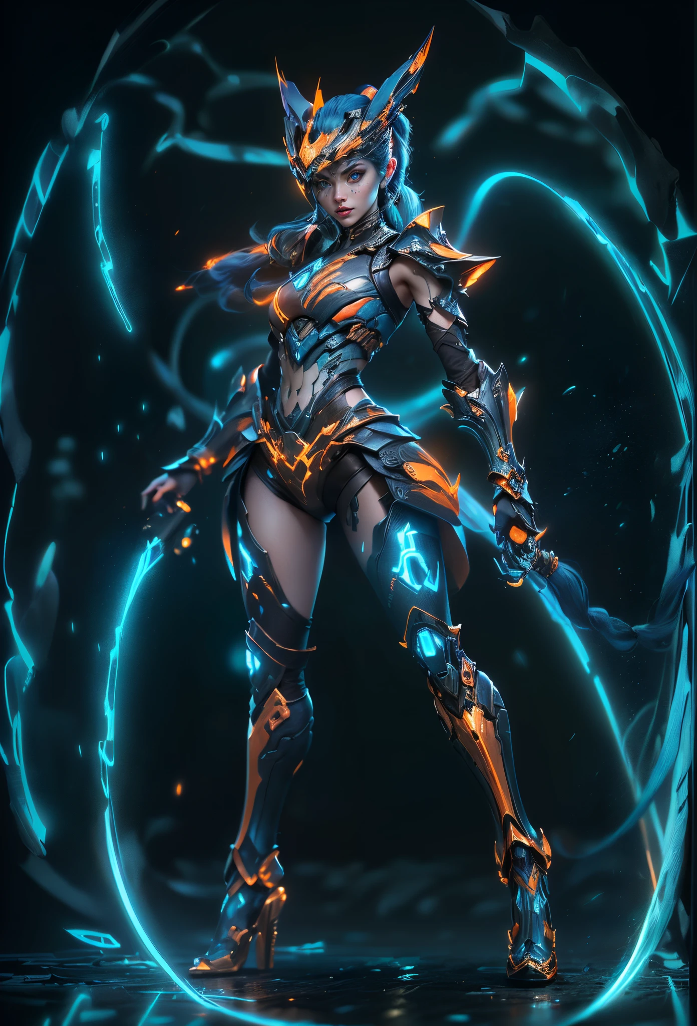 jinxlol, Game character design,3D character rendering,(((pixar-style))),League of Legends Jinx,((1girl,(Blue double ponytail: 1.5),Very long blue braids,Red eyes,big laughter,future warrior,Mechanical Warframe,Decorated with luminous lines and rivets,With streamer effect or LED light embellishment,Laser cannon、Ion cannon or pulse cannon)),((hair design:Brilliant deep blue,Add some glowing elements,Futuristic headgear such as orange photoelectric glasses or head-mounted display)),((Expression design:Add some glowing lines or orange LED light effects to the facial decoration,Design different facial expressions,Highlight the image of future warriors)),(action design:On the move、When releasing a skill or attacking,Add some special effects and animations,Highlight the sense of future and combat),((Special effects design:Add cool orange light effects、Electromagnetic wave effect or virtual interface,Enhance the visual impact of skin)), (((standing on your feet,Metal heels: 1.8, Glowing lines or orange LED light effect))), (full body shot of: 1.5),Game character