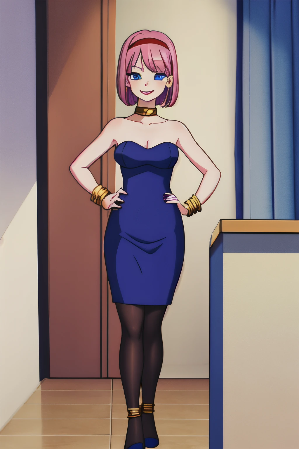 akiratoriyama art style, blue eyes, smile, 1 girl, aqua hair, teenager, medium hair, bob hair, red hairband, pink lips, medium breasts, little black dress, strapless dress, short bodycon dress, skin-tight dress, choker, gold hoop earrings, gold bracelet, hands on the hips, bedroom, standing up