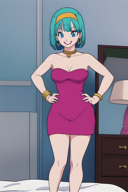 akiratoriyama art style, blue eyes, smile, 1 girl, aqua hair, teenager, aqua medium hair, bob hair, red hairband, pink lips, medium breasts, little black dress, strapless dress, short bodycon dress, skin-tight dress, choker, gold hoop earrings, gold bracelet, hands on the hips, bedroom,