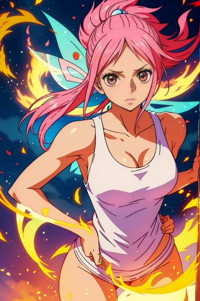 Fairy tail, Naz Doragnir, with pink hair, offcial art, Full body photo, human and dragon fusion, konosuba anime style, Extinguish fire, Close-up full-body shot, Full body photo, best anime character design, White muffler, The upper body is naked, black tanktop, white pantie