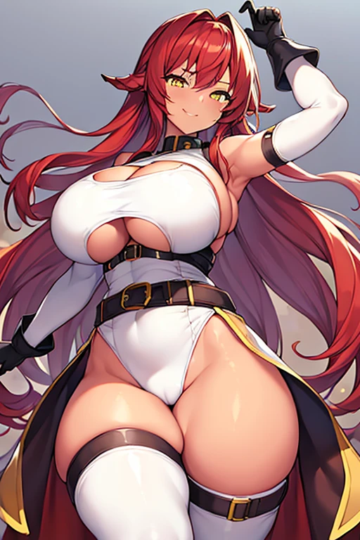 1girl, large breasts, thick thighs, wide hips, smile, dark body, dark skin, yellow eyes, (red hair), red hair, long hair, belt, thigh strap, strap, arm strap, bodysuit, white bodysuit, cleavage cutout, cutout, hip vent, underboob cutout, white clothes, white gloves, pants, smirk, smug