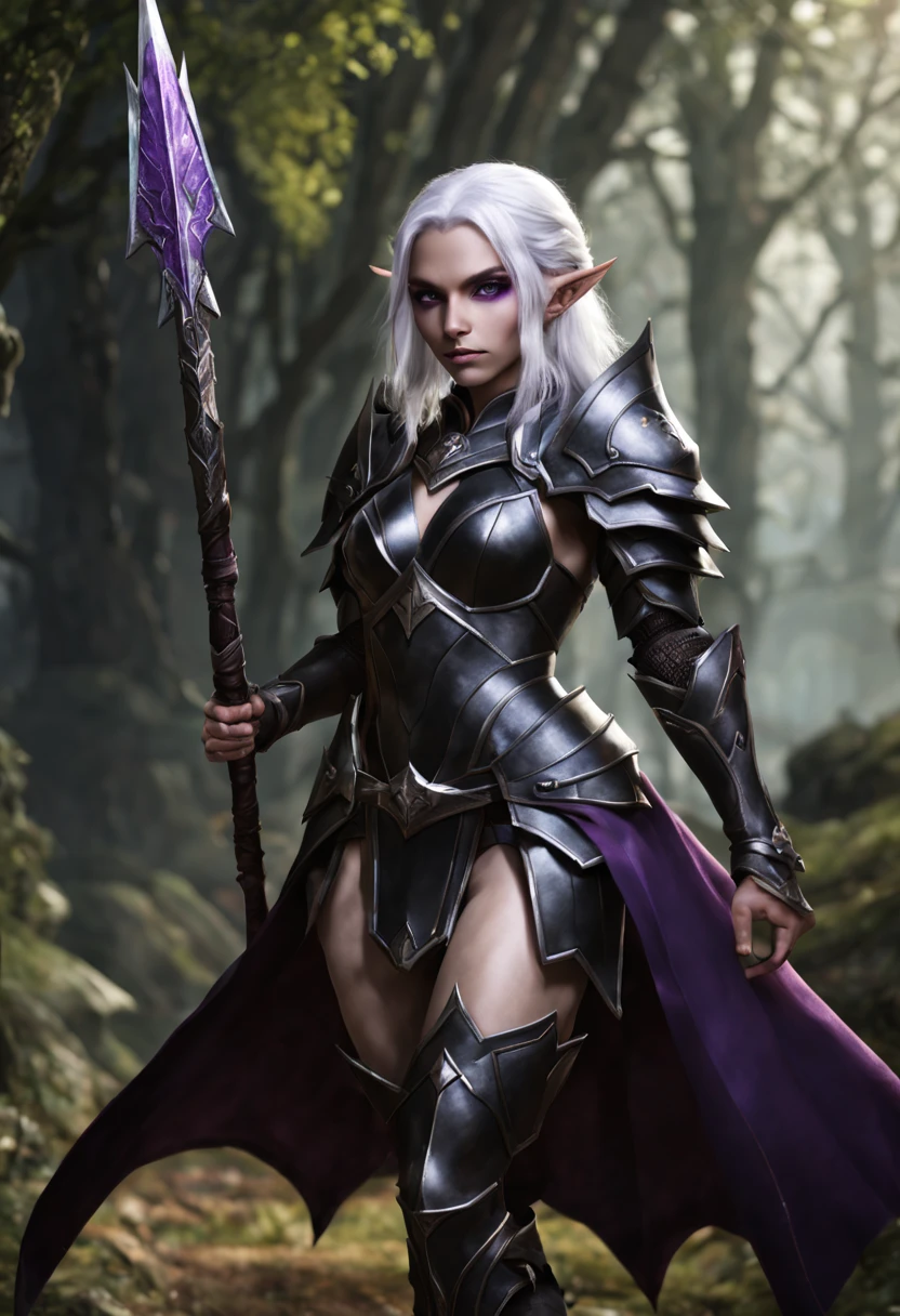 An Elf female with white hair, purple eyes, wearing black full armor, full body pose, holding a spear in both hands