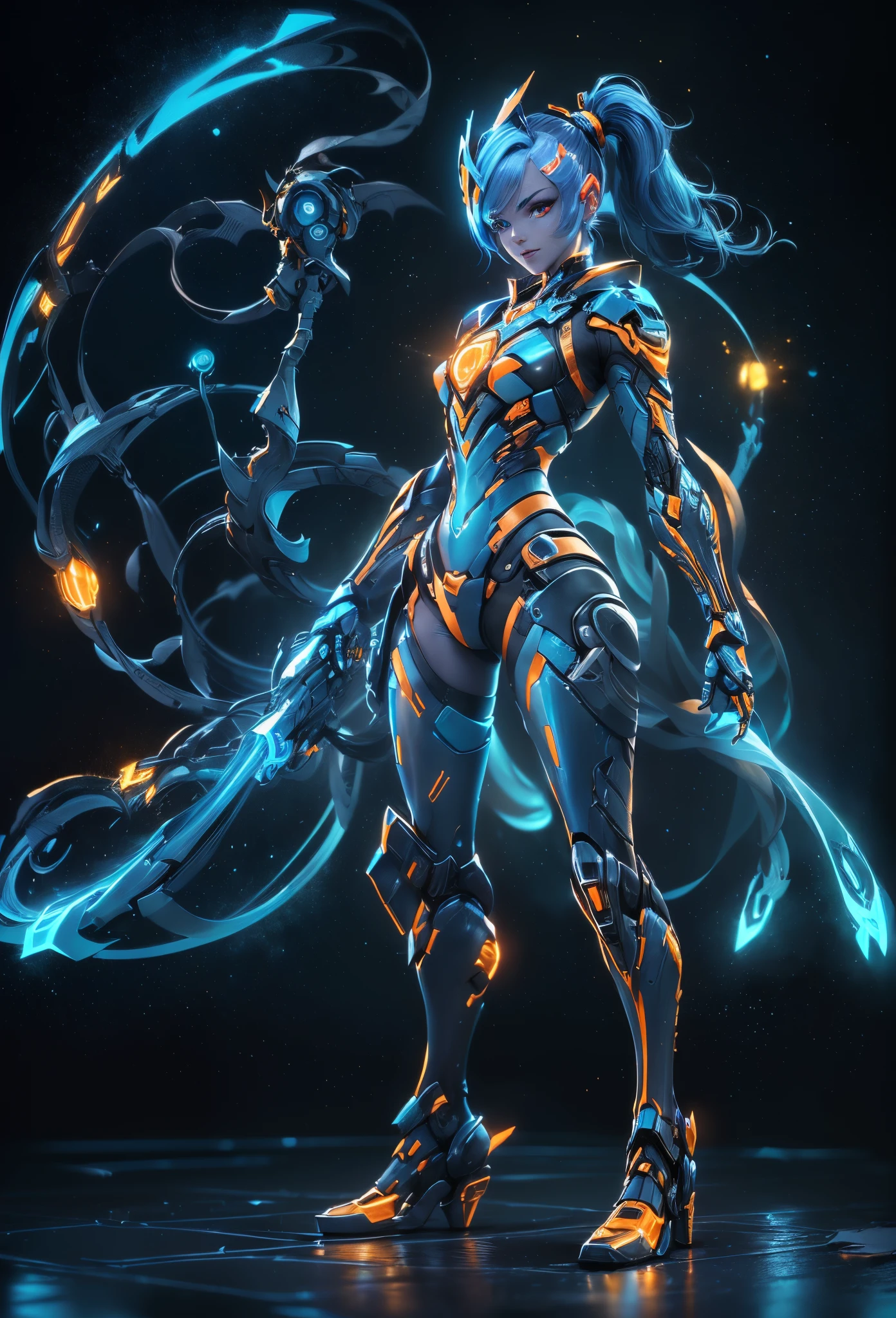 jinxlol, Game character design,3D character rendering,(((pixar-style))),League of Legends Jinx,((1girl,(Blue double ponytail: 1.5),Very long blue braids,Red eyes,big laughter,future warrior,Mechanical Warframe,Decorated with luminous lines and rivets,With streamer effect or LED light embellishment,Laser cannon、Ion cannon or pulse cannon)),((hair design:Brilliant deep blue,Add some glowing elements,Futuristic headgear such as orange photoelectric glasses or head-mounted display)),((Expression design:Add some glowing lines or orange LED light effects to the facial decoration,Design different facial expressions,Highlight the image of future warriors)),(action design:On the move、When releasing a skill or attacking,Add some special effects and animations,Highlight the sense of future and combat),((Special effects design:Add cool orange light effects、Electromagnetic wave effect or virtual interface,Enhance the visual impact of skin)), (((standing on your feet,Metal heels: 1.8, Glowing lines or orange LED light effect))), (full body shot of: 1.5),Game character
