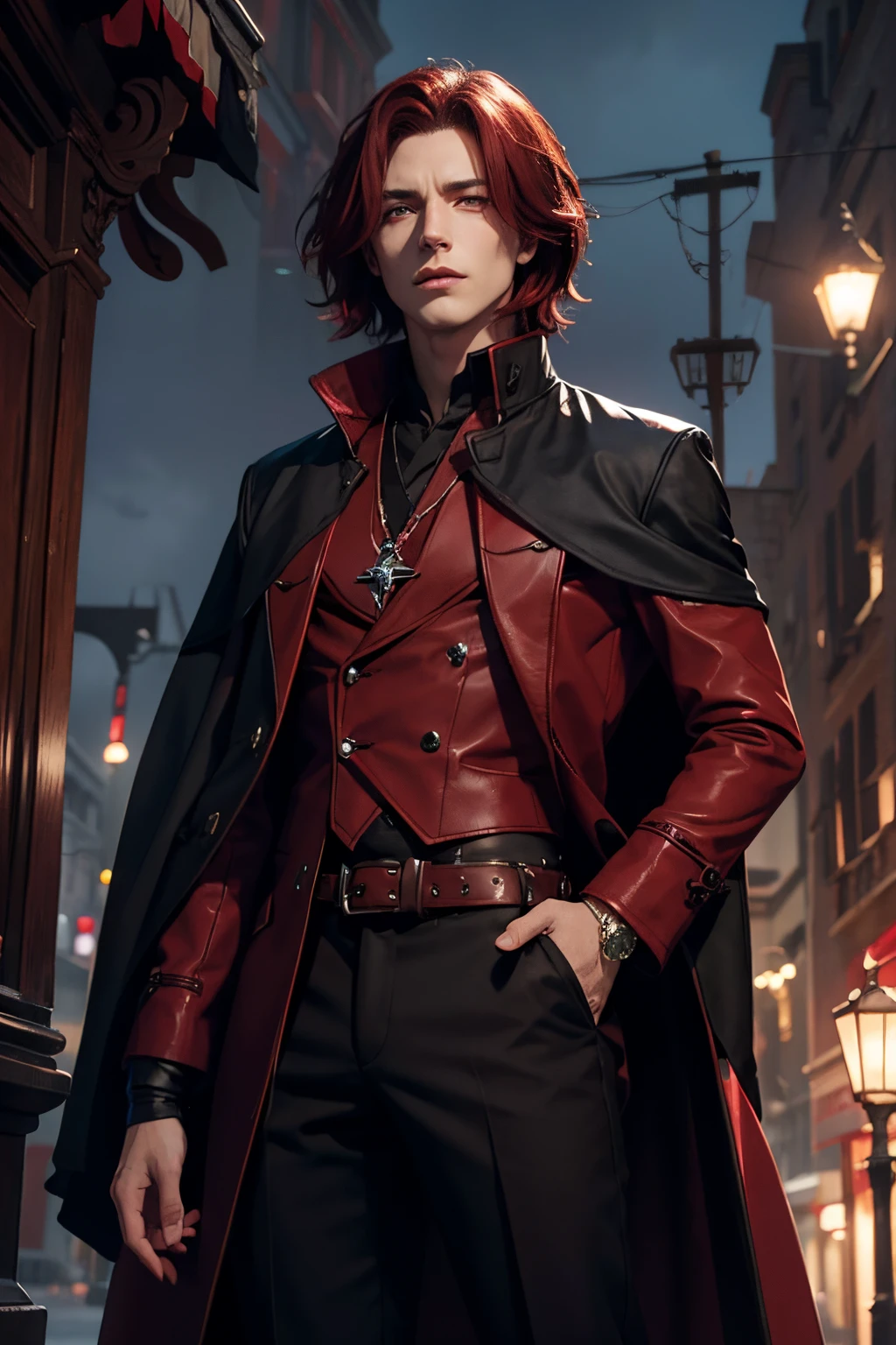 Male wizard,dark red hair,short hair,dark red eye,dark red and black overcoat,red diamond bracelet,black trousers,red diamond ring