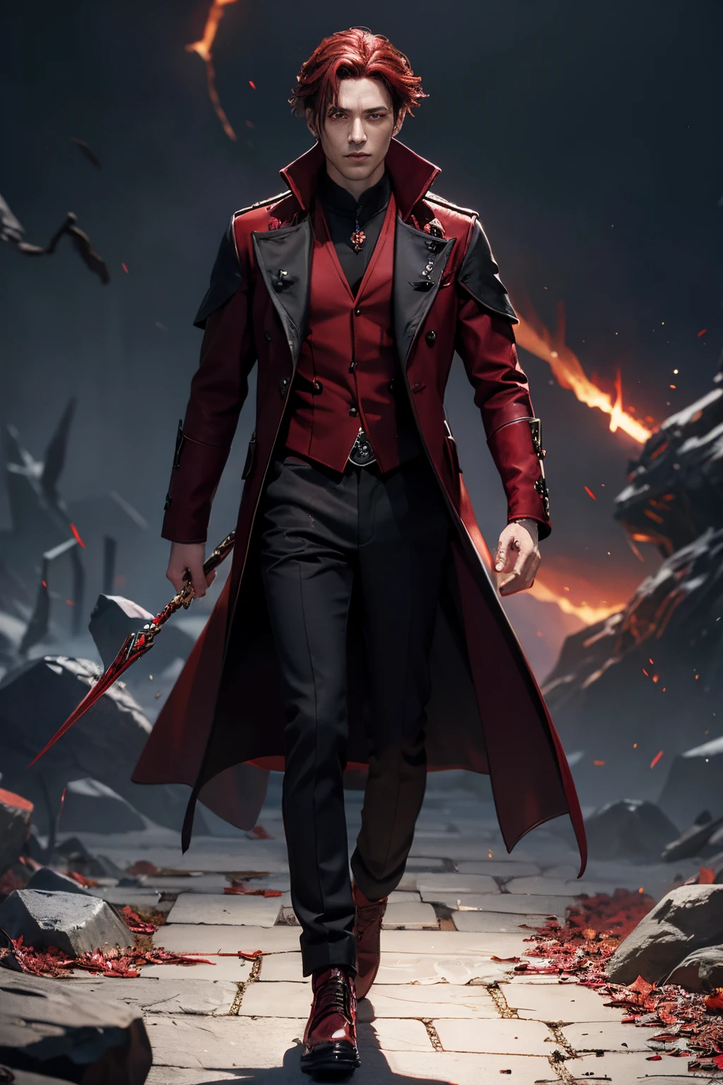 Male wizard,dark red hair,short hair,dark red eye,dark red and black overcoat,red diamond bracelet,black trousers,red diamond ring
