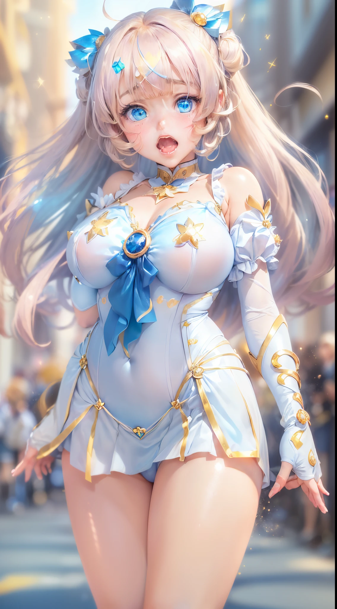 1womanl,Golden head hair,ar old Impatient expression)),Beautiful breasts,(((Sexy magical girl white and blue bodysuit and miniskirt)))(())(((Blushing cheeks、Surprised look)),((())),((( portlate))),Blue eyes,(((Bangs are aligned)))()Street,Crowds(magical girl hair ornament)