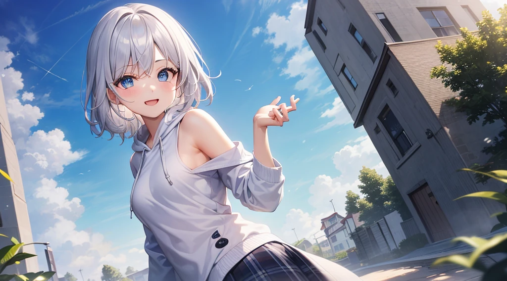 mid-shot, Look at viewers, hands behind back, girl with, 20 years old, Very short hair, long bangs between eyes, hair over shoulder, Grey Hair, Floating hair, ^ ^, pale blue eyes, Short dress, Hoodie, Skirt, Bare shoulder, White clothes, Blue sky, Nature, Sunlight, Extremely detailed,(​masterpiece、top-quality)、独奏、1womanl、White hair、the tips of the hair are blue、Blue eyes、A smile、White skin as clear as snow、Fantastical,Small breasts, Silver hair, Blue eyes, Beautiful eyes,  Girl, Ecstasy, charmed, be smitten with audience, Hoodie, Hoodie with open front, fantastic landscape, Shoulder out,White muffler