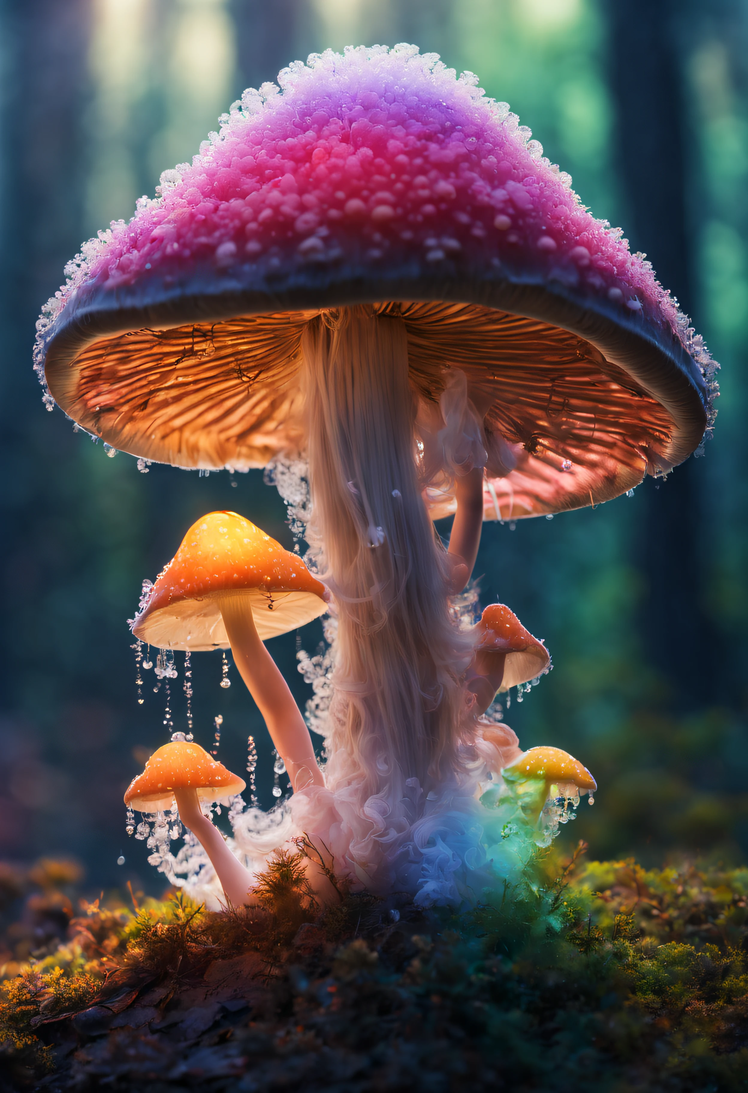 The main one mushroom is made from ice crystals、covered with ice crystals、(((Mushroom legs are made of transparent ice crystals、The inside of the mushroom appears to be filled with rainbow-colored smoke.)))、Mesmerizing surreal movie stills of Alice in Wonderland,、 magical dreamland bokeh background, A fascinating and eerie fantasy world, Illuminates dark shooting scenes with fantastic light。, Otherworldly elements of a familiar story, ether wonderland, mystic atmosphere, Dark magic and dark fantasy realism aesthetics, translucent bioluminescent material、Otherworldly luminescence、((Born in another world、A strangely shaped poisonous mushroom that emits bewitching smoke..,)) Ultra-realistic, (Voronoi pattern, depth of fields, (swirly bokeh:1.275), (Kodak Portra 400:0.875) :1.15), (Realistic and complex futuristic background,), (Turbulent Toxic Vapor:1.2, Magnificent surrealism, iridescent lighting, low key light:1.1), Notable masterpieces, celestial, Ethereal, epicd, Magical Light Flare, Natural, soft dreamy lighting, ((Warm Yellow and Deep Carbon:0.7), (Cinematic Look:1.15):1.15)、The inside of the mushroom appears to be filled with rainbow-colored smoke.