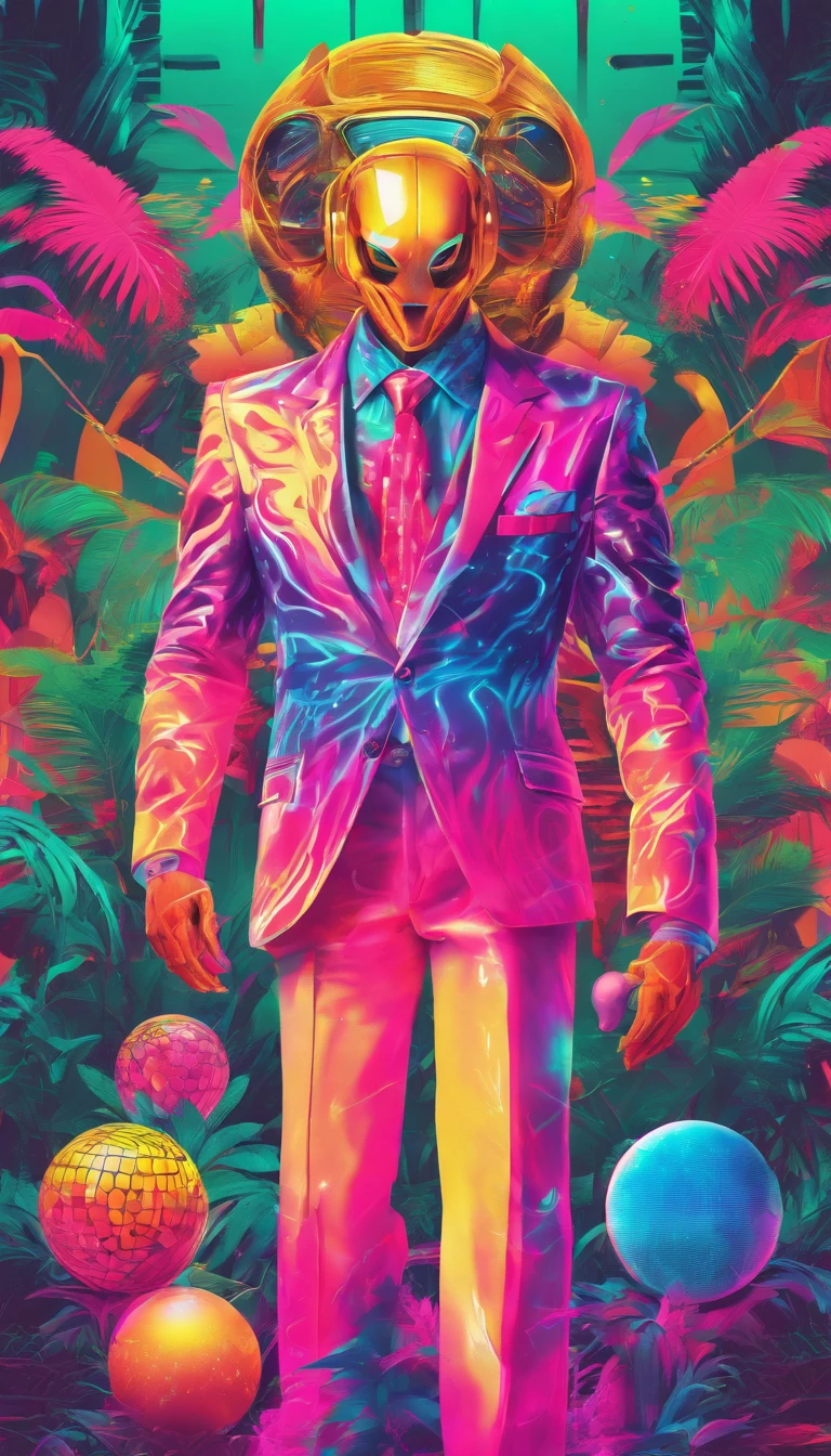 a robot  dressed in a suit and tie with a disco ball, wearing disco suit, 8 0's style tomasz alen kopera, poster in 8 0 s style, synthwave style, 8 0 - s style poster, synthwave art style ]!!, inspired by Mike Winkelmann, synthwave art style, synthwave art, king of the jungle