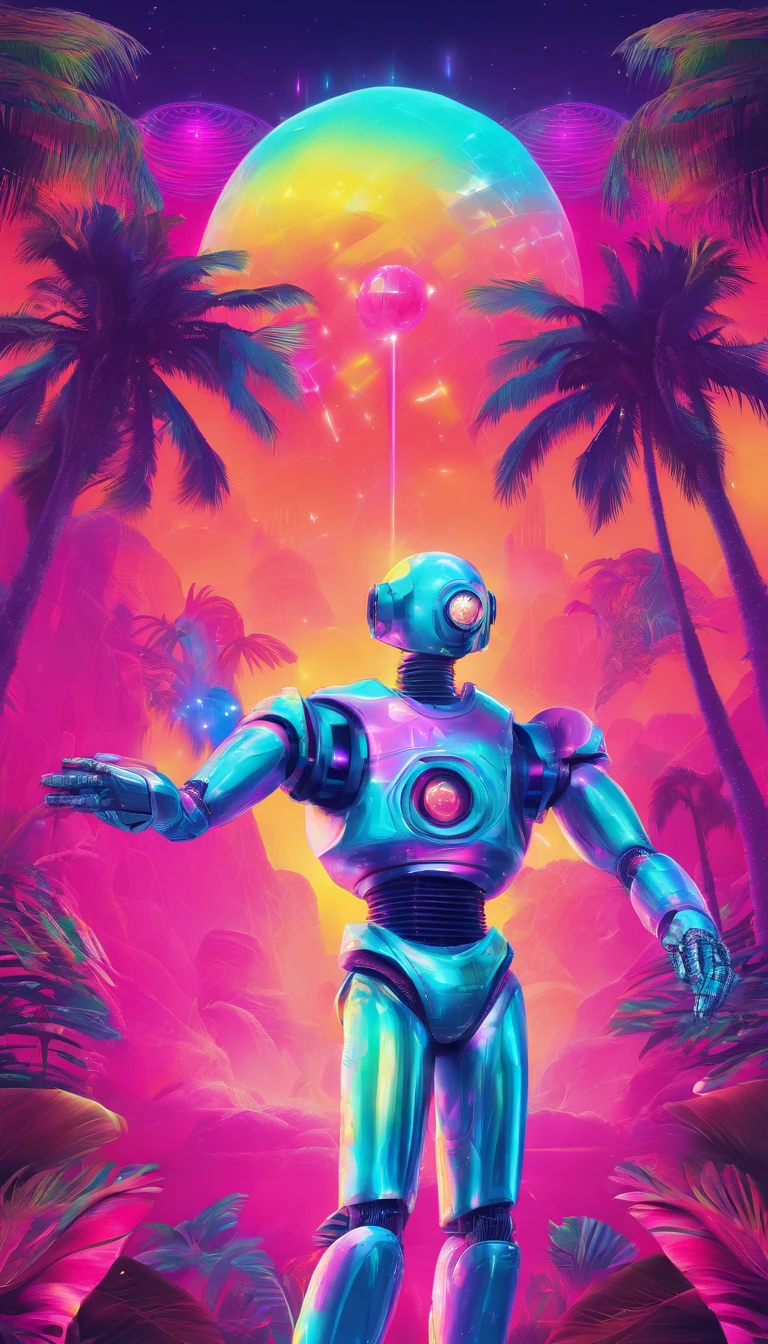 a robot  dressed in a suit and tie with a disco ball, wearing disco suit, 8 0's style tomasz alen kopera, poster in 8 0 s style, synthwave style, 8 0 - s style poster, synthwave art style ]!!, inspired by Mike Winkelmann, synthwave art style, synthwave art, king of the jungle