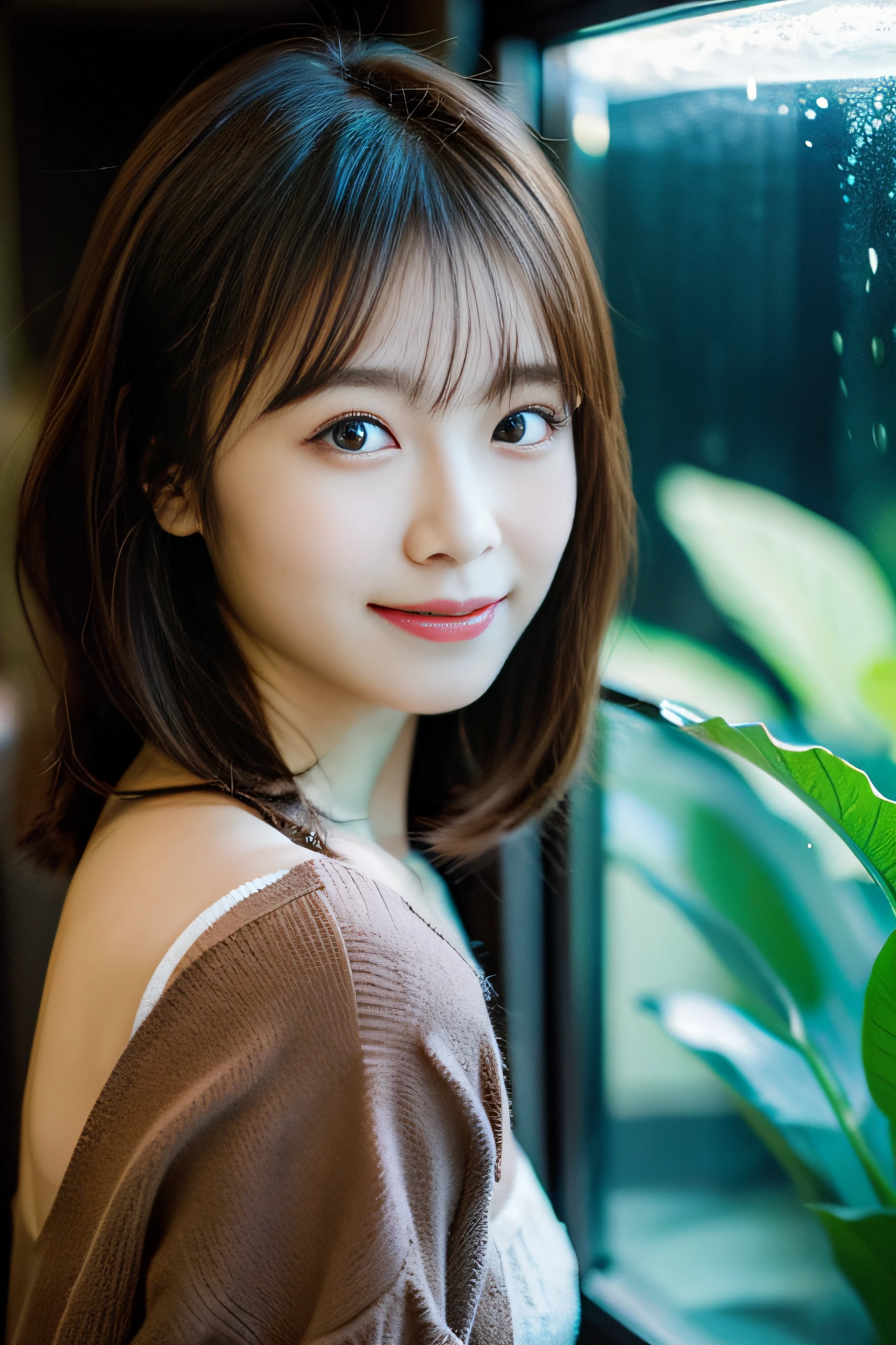 in 8K,Best Quality:1.4, 超A high resolution:1.5, (Photorealistic:1.4),​masterpiece:1.2,(top-quality:1.4)、 Raw photo、(the background is blurred), aquariums、FULL BODYSHOT:1.5、 1日本人の女の子, Cute, (Solo), (Shy smile), Smooth skin、(30-years old:1.4)、to stand、Check miniskirt、Cute mini skirt、 (Brown medium hair,Bangs), (touch hair:1.4)、nogizaka、cute little、Supple fingertips,Beautiful black eyes、natural skin textures:1.3, realistic eyes and face details:1.7、middlebreasts、gazing at viewer、beauty legs、autumnal、long-sleeve、fish tank