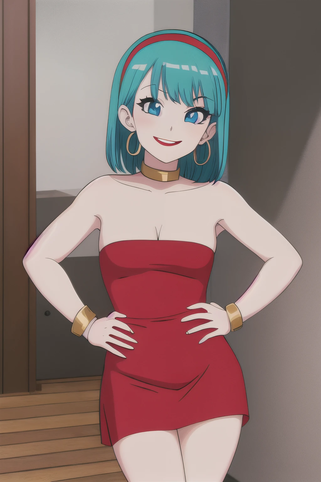 akiratoriyama art style, blue eyes, smile, one girl, aqua hair, teenager, aqua medium hair, bob hair, red hairband on top, red lips, medium breasts, little black dress, strapless dress, short bodycon dress, skin-tight dress, choker, gold hoop earrings, gold bracelet, hands on the hips, bedroom, solo