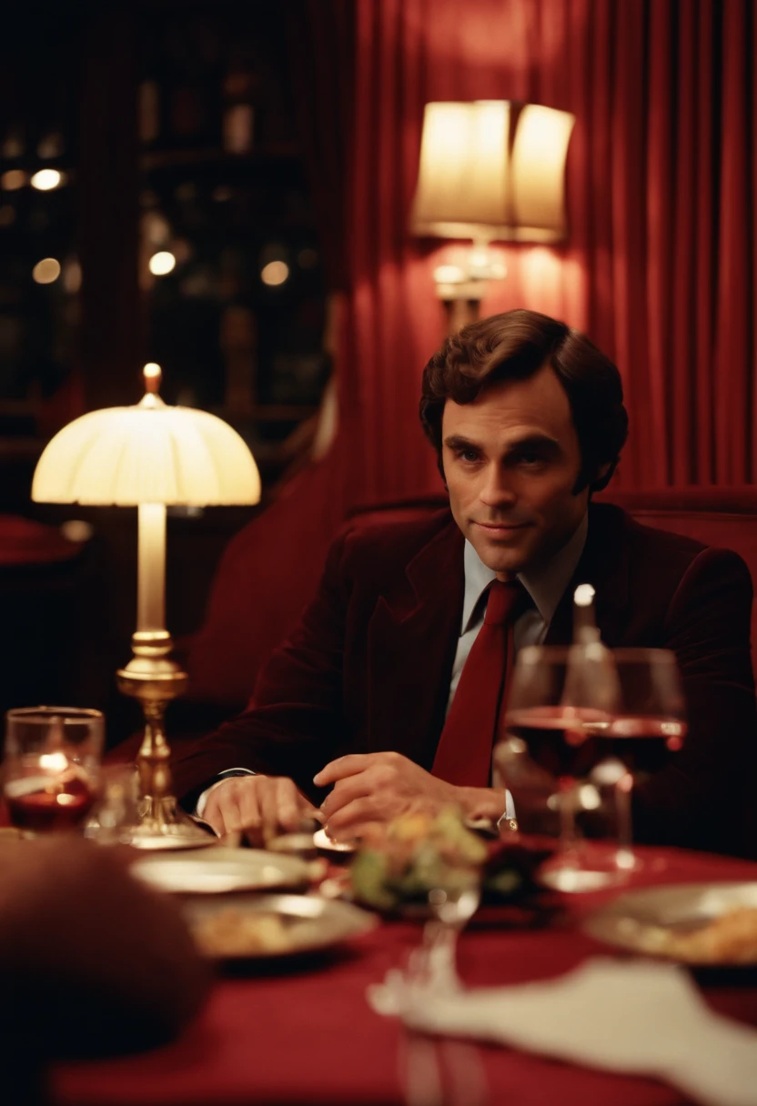 A photo of Ted sitting in a dimly lit, upscale steakhouse, sipping on a glass of fine red wine.,real life,Ted Bundy, 1970s aesthetic