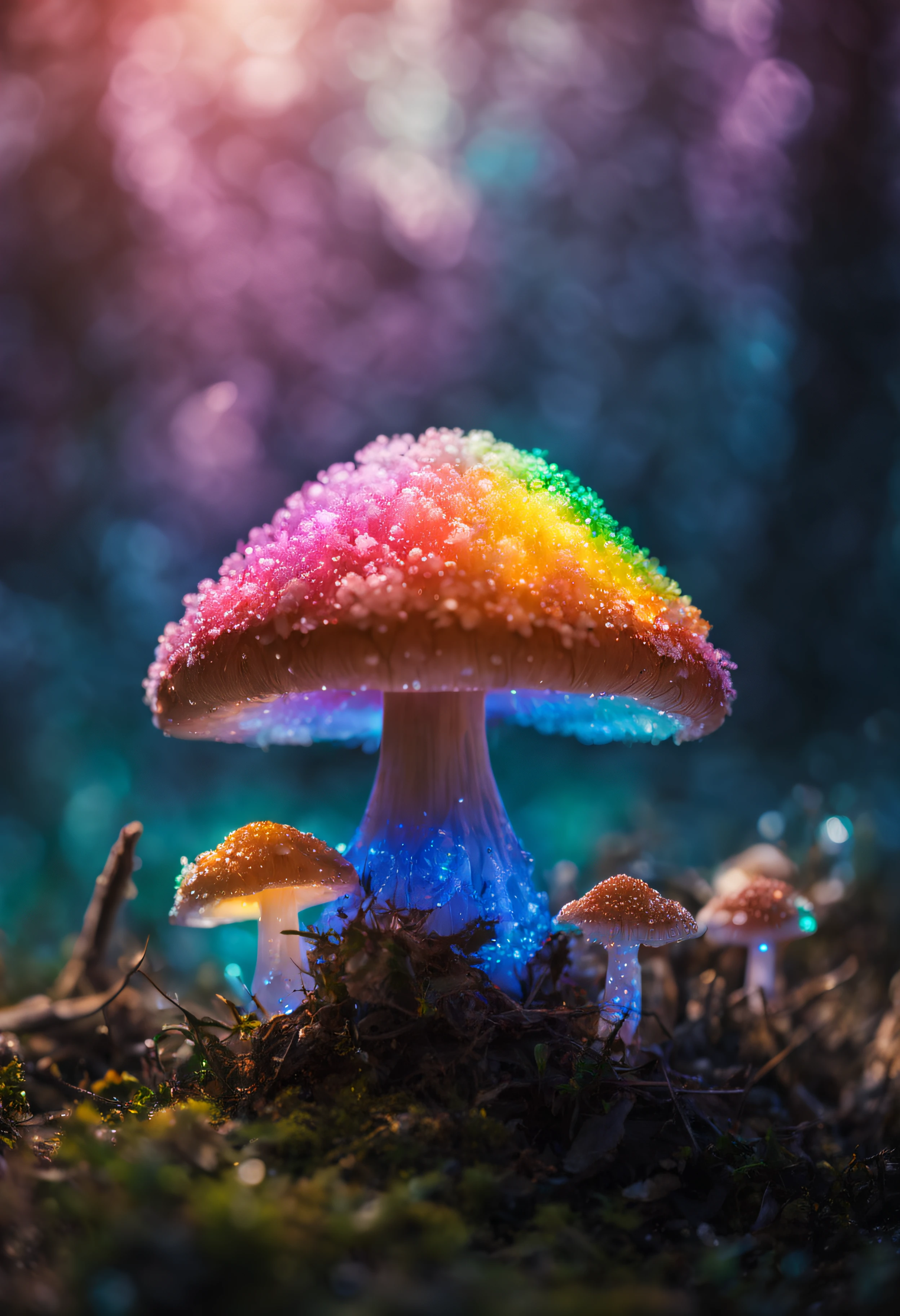 The main one mushroom is made from ice crystals、covered with ice crystals、(((Mushroom legs are made of transparent ice crystals、The inside of the mushroom appears to be filled with rainbow-colored smoke.)))、Mesmerizing surreal movie stills of Alice in Wonderland,、 magical dreamland bokeh background, A fascinating and eerie fantasy world, Illuminates dark shooting scenes with fantastic light。, Otherworldly elements of a familiar story, ether wonderland, mystic atmosphere, Dark magic and dark fantasy realism aesthetics, translucent bioluminescent material、Otherworldly luminescence、((Born in another world、A strangely shaped poisonous mushroom that emits bewitching smoke..,)) Ultra-realistic, (Voronoi pattern, depth of fields, (swirly bokeh:1.275), (Kodak Portra 400:0.875) :1.15), (Realistic and complex futuristic background,), (Turbulent Toxic Vapor:1.2, Magnificent surrealism, iridescent lighting, low key light:1.1), Notable masterpieces, celestial, Ethereal, epicd, Magical Light Flare, Natural, soft dreamy lighting, ((Warm Yellow and Deep Carbon:0.7), (Cinematic Look:1.15):1.15)、The inside of the mushroom appears to be filled with rainbow-colored smoke.