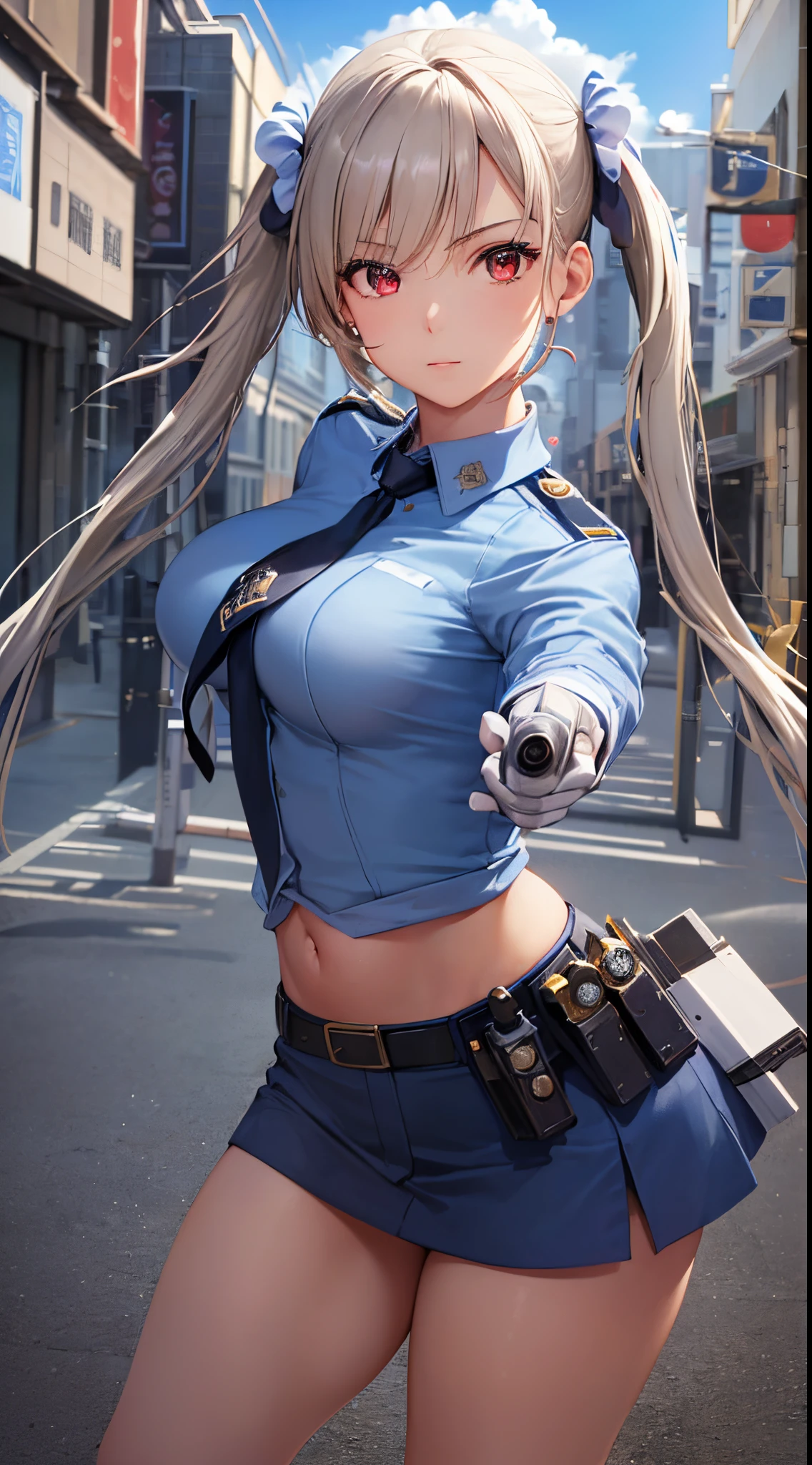 (((perfect anatomy, super detailed skin))), 1 girl, japanese, police girl, shiny skin, large breasts:0.5, looking away, looking up, watching the view, 
beautiful hair, beautiful face, beautiful detailed eyes, (long hair:1.5, twintails:1.7), blond hair, bangs, hair between eye, red eyes, 
beautiful clavicle, beautiful body, beautiful chest, beautiful thighs, beautiful legs, babyface, mole under eye, 
((policewoman uniform, light blue short sleeved shirt, navy necktie, high waisted miniskirt), belt, white gloves, police hat, handcuffs), seductive thighs, 
(((aiming at viewer, holding pistol, handgun))), , 
(beautiful scenery), wasteland, burning city, 
8k, top-quality, masterpiece​:1.2, extremely detailed), (realistic, photorealistic:1.2), beautiful illustration, cinematic lighting,