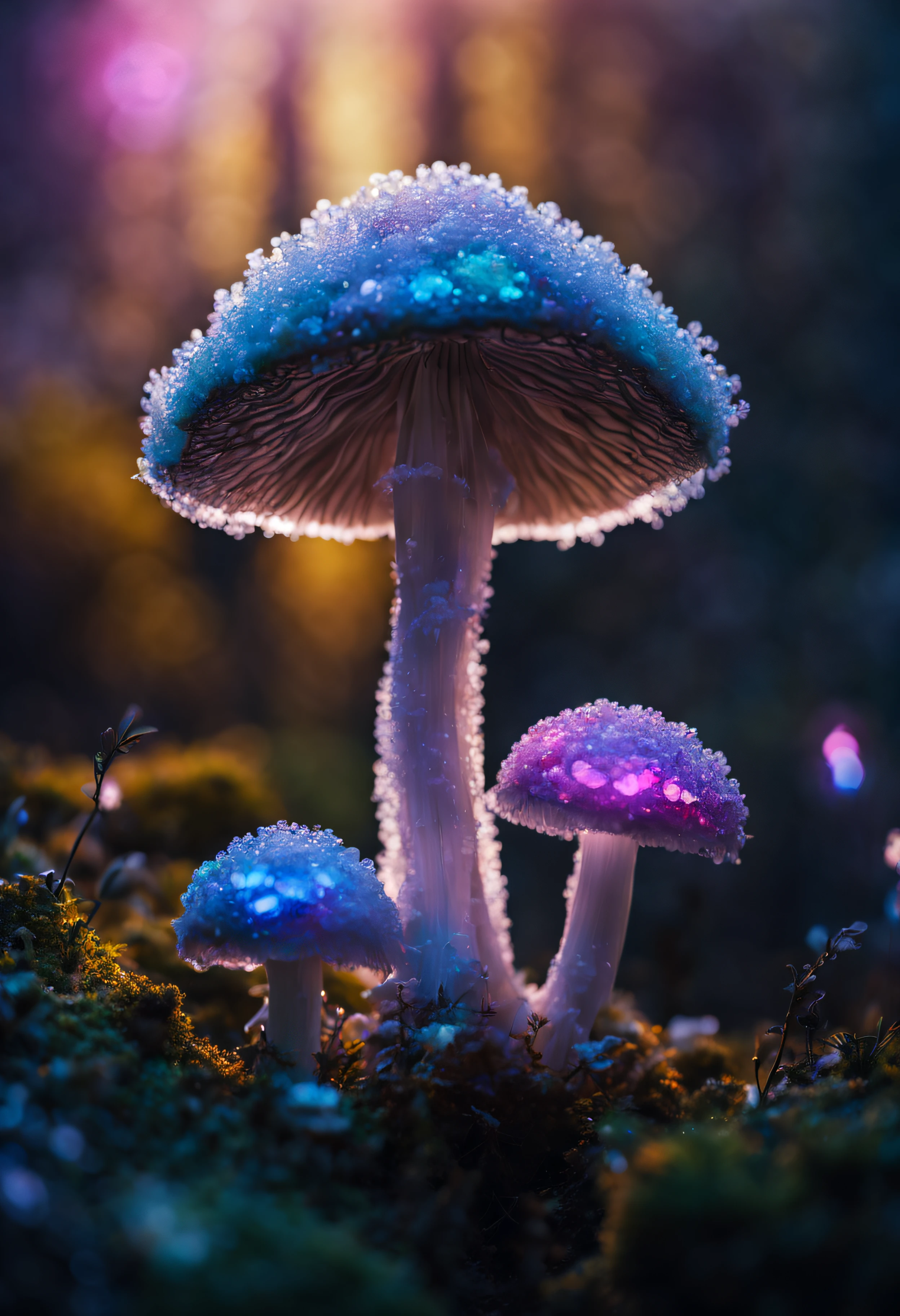 The main one mushroom is made from ice crystals、covered with ice crystals、(((Mushroom legs are made of transparent ice crystals、The inside of the mushroom appears to be filled with rainbow-colored smoke.)))、Mesmerizing surreal movie stills of Alice in Wonderland,、 magical dreamland bokeh background, A fascinating and eerie fantasy world, Illuminates dark shooting scenes with fantastic light。, Otherworldly elements of a familiar story, ether wonderland, mystic atmosphere, Dark magic and dark fantasy realism aesthetics, translucent bioluminescent material、Otherworldly luminescence、((Born in another world、A strangely shaped poisonous mushroom that emits bewitching smoke..,)) Ultra-realistic, (Voronoi pattern, depth of fields, (swirly bokeh:1.275), (Kodak Portra 400:0.875) :1.15), (Realistic and complex futuristic background,), (Turbulent Toxic Vapor:1.2, Magnificent surrealism, iridescent lighting, low key light:1.1), Notable masterpieces, celestial, Ethereal, epicd, Magical Light Flare, Natural, soft dreamy lighting, ((Warm Yellow and Deep Carbon:0.7), (Cinematic Look:1.15):1.15)、The inside of the mushroom appears to be filled with rainbow-colored smoke.
