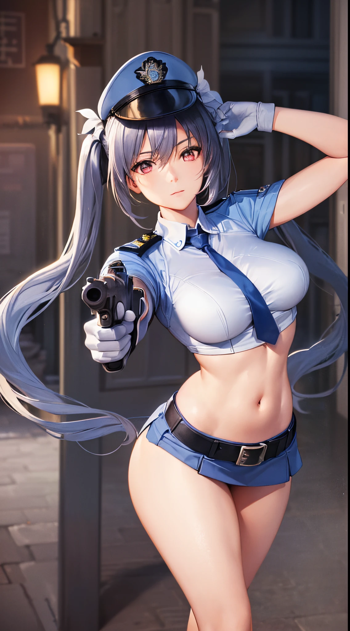 (((perfect anatomy, super detailed skin))), 1 girl, japanese, police girl, shiny skin, large breasts:0.5, looking away, looking up, watching the view, 
beautiful hair, beautiful face, beautiful detailed eyes, (long hair:1.5, twintails:1.7), blond hair, bangs, hair between eye, red eyes, 
beautiful clavicle, beautiful body, beautiful chest, beautiful thighs, beautiful legs, babyface, mole under eye, 
((policewoman uniform, light blue short sleeved shirt, navy necktie, high waisted miniskirt), belt, white gloves, police hat, handcuffs), seductive thighs, 
(((aiming at viewer, holding pistol, handgun))), , 
(beautiful scenery), wasteland, burning city, 
8k, top-quality, masterpiece​:1.2, extremely detailed), (realistic, photorealistic:1.2), beautiful illustration, cinematic lighting,