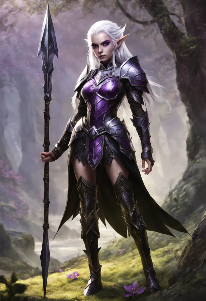 An Elf female with white hair, purple eyes, wearing black full armor, full body pose, holding a spear in both hands