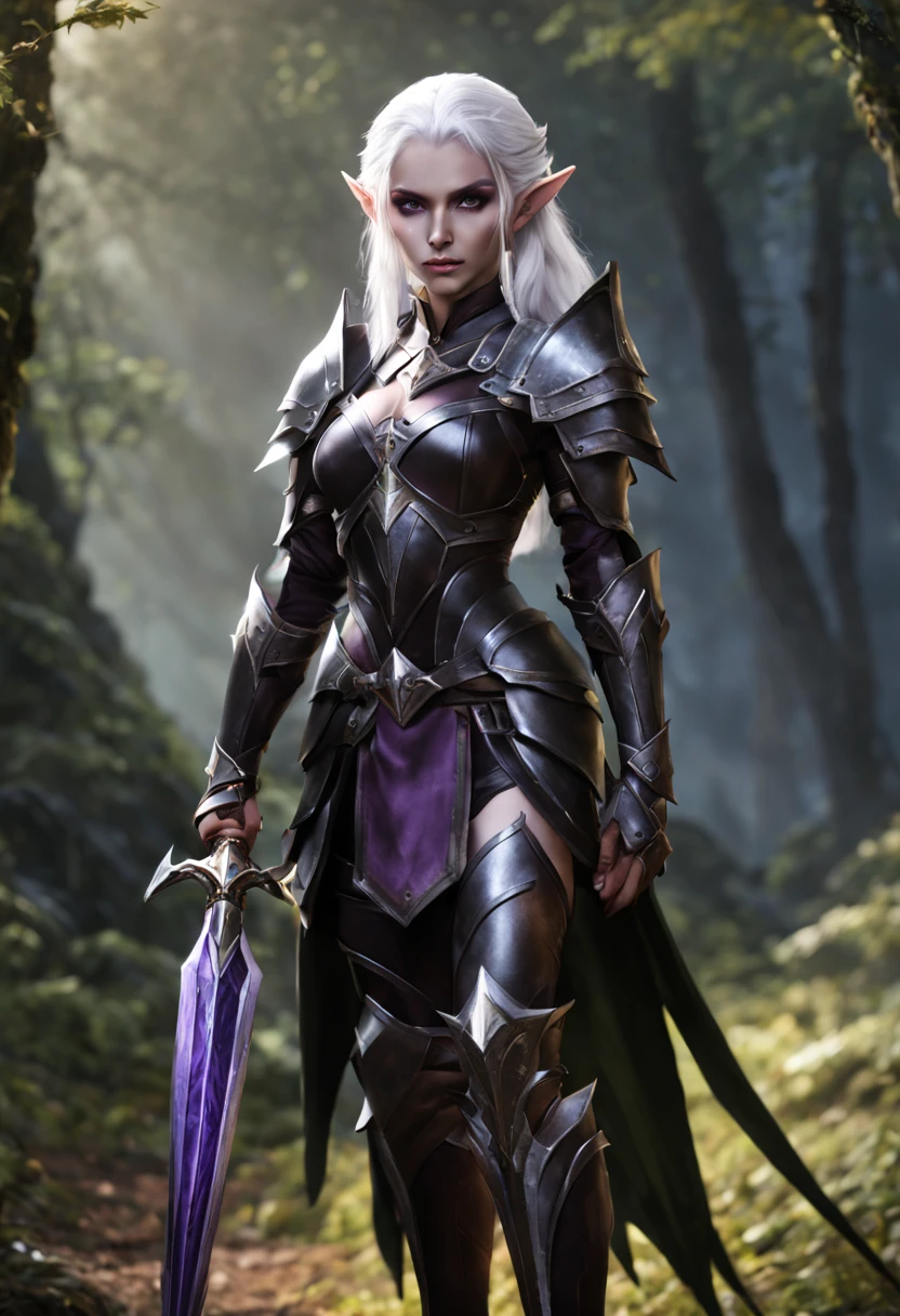 An Elf female with white hair, purple eyes, wearing black full armor, full body pose, holding a spear in both hands