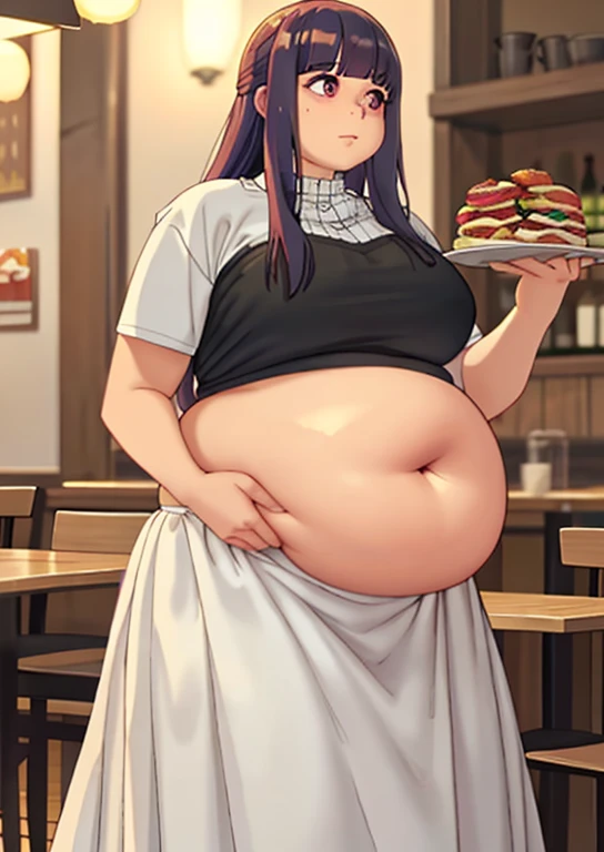 Fern, , fat, large belly, standing, grabbing belly, very fat, large stomach, chubby (best quality, masterpiece), fat belly, at, large belly, standing, grabbing belly, very fat, large stomach, chubby (best quality, masterpiece),large fat, sitting at table, tons of food on table, restaurant, eating food, restaurant with food, fat fern