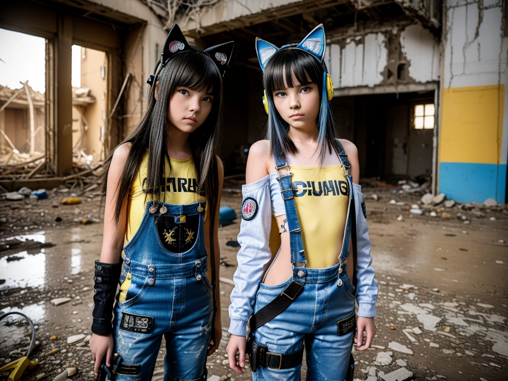 two 13 year old girls, dressed in cyberpunk overalls, one piece suits, light blue and yellow, with patches with radioactive emblems, in a apocalyptic ruin with guns next to them, cyberpunk helmets next to them, wearing Cat ears